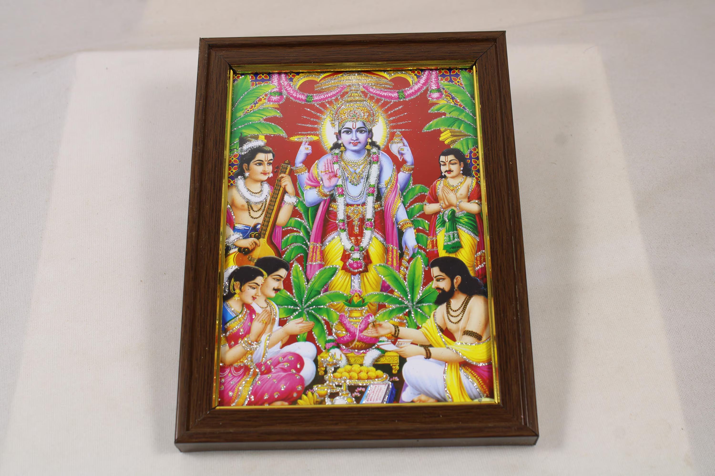 Golden lakshmi narayan l satyanarayan pujja Photo Frame with Glass Cover