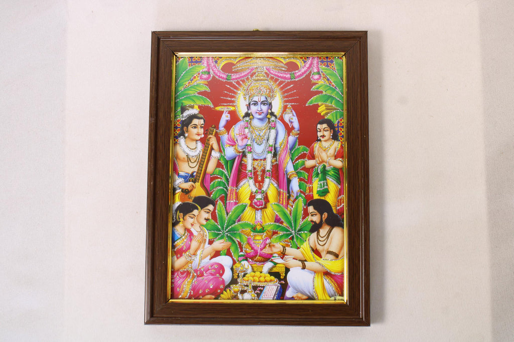 Golden lakshmi narayan l satyanarayan pujja Photo Frame with Glass Cover