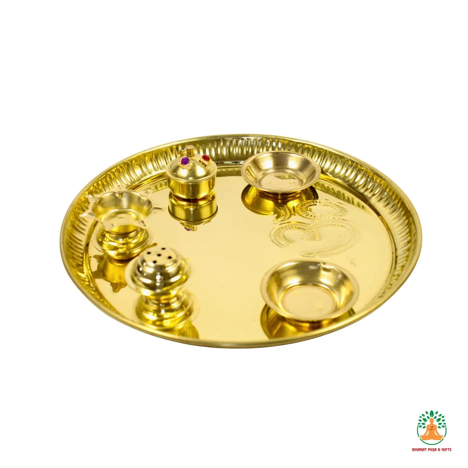 Brass Pital Puja Thali Set | Traditional 5 in 1 Pooja Thali with Kumkum Box, Incense Holder, Bowls & Diya | Festival Aarti Thali