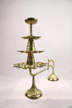 Large Brass Ganga Aarti Diya with Handle | Brass 3 Stage Samai | 3 Step Traditional Indian Oil Lamp