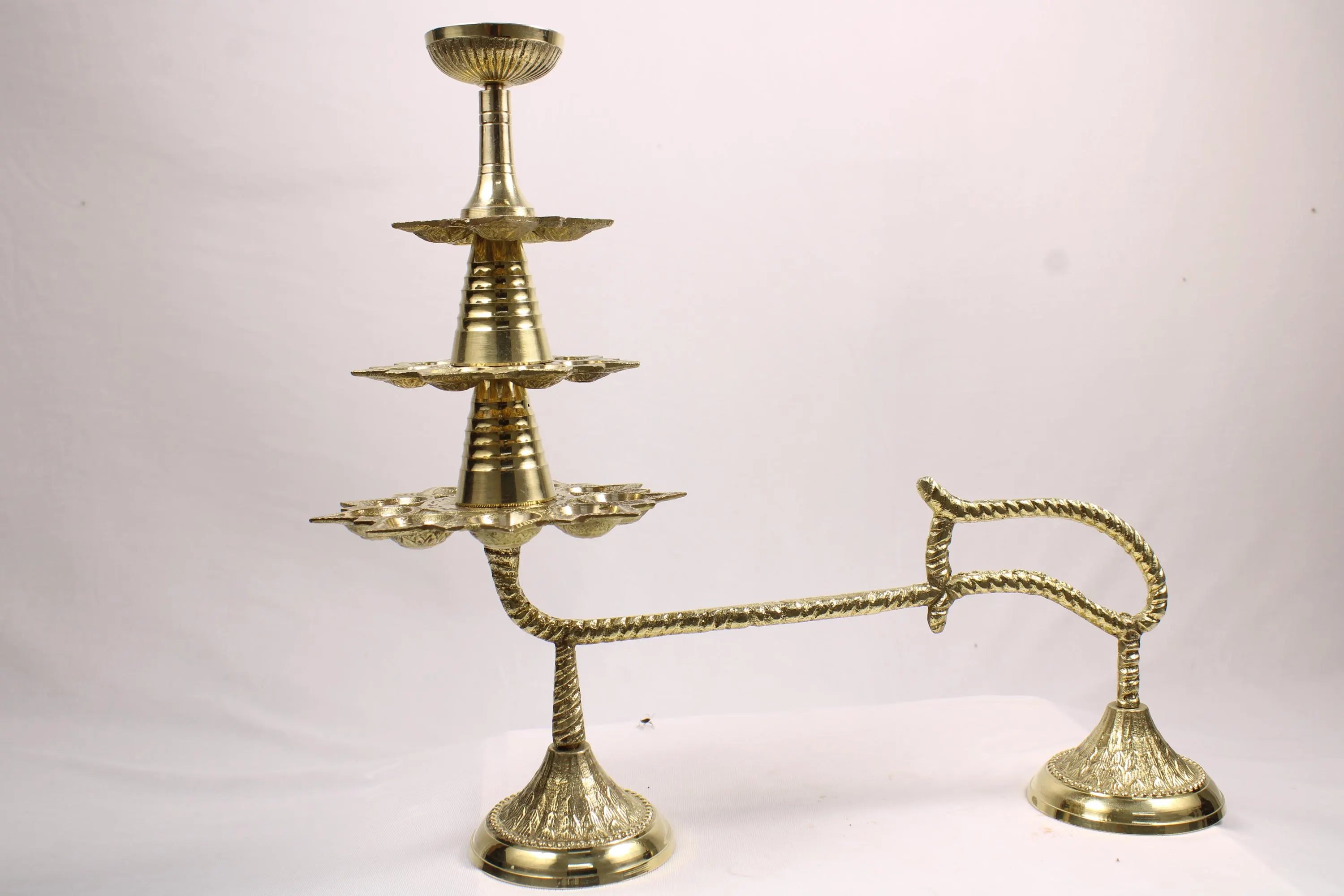 Large Brass Ganga Aarti Diya with Handle | Brass 3 Stage Samai | 3 Step Traditional Indian Oil Lamp