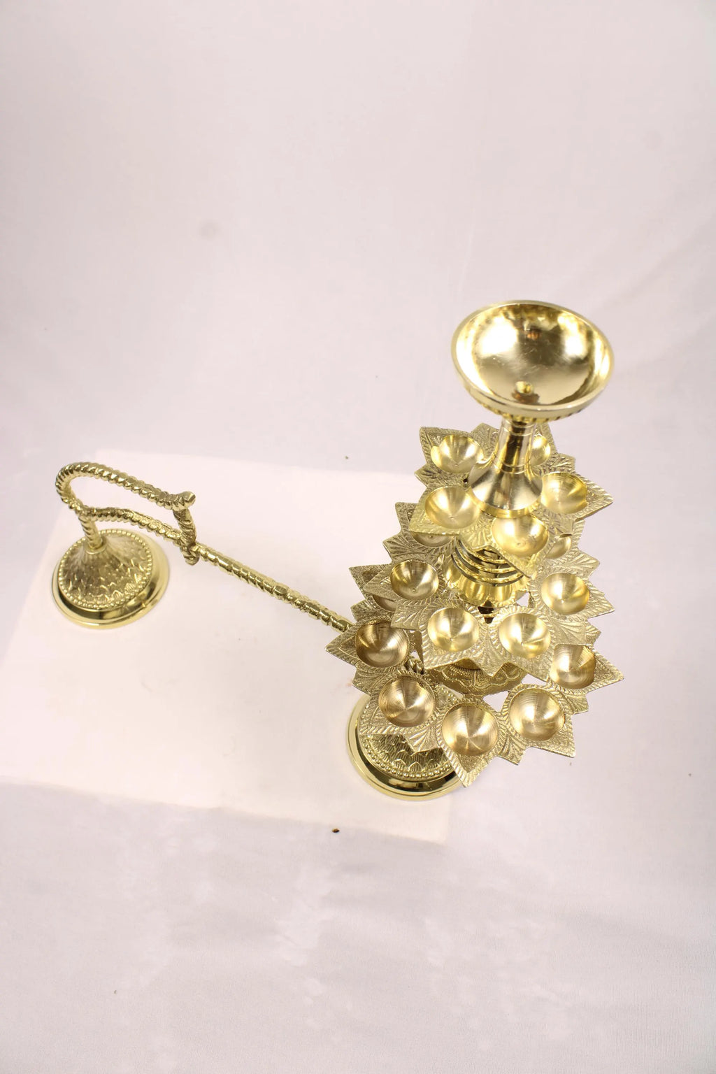 Large Brass Ganga Aarti Diya with Handle | Brass 3 Stage Samai | 3 Step Traditional Indian Oil Lamp