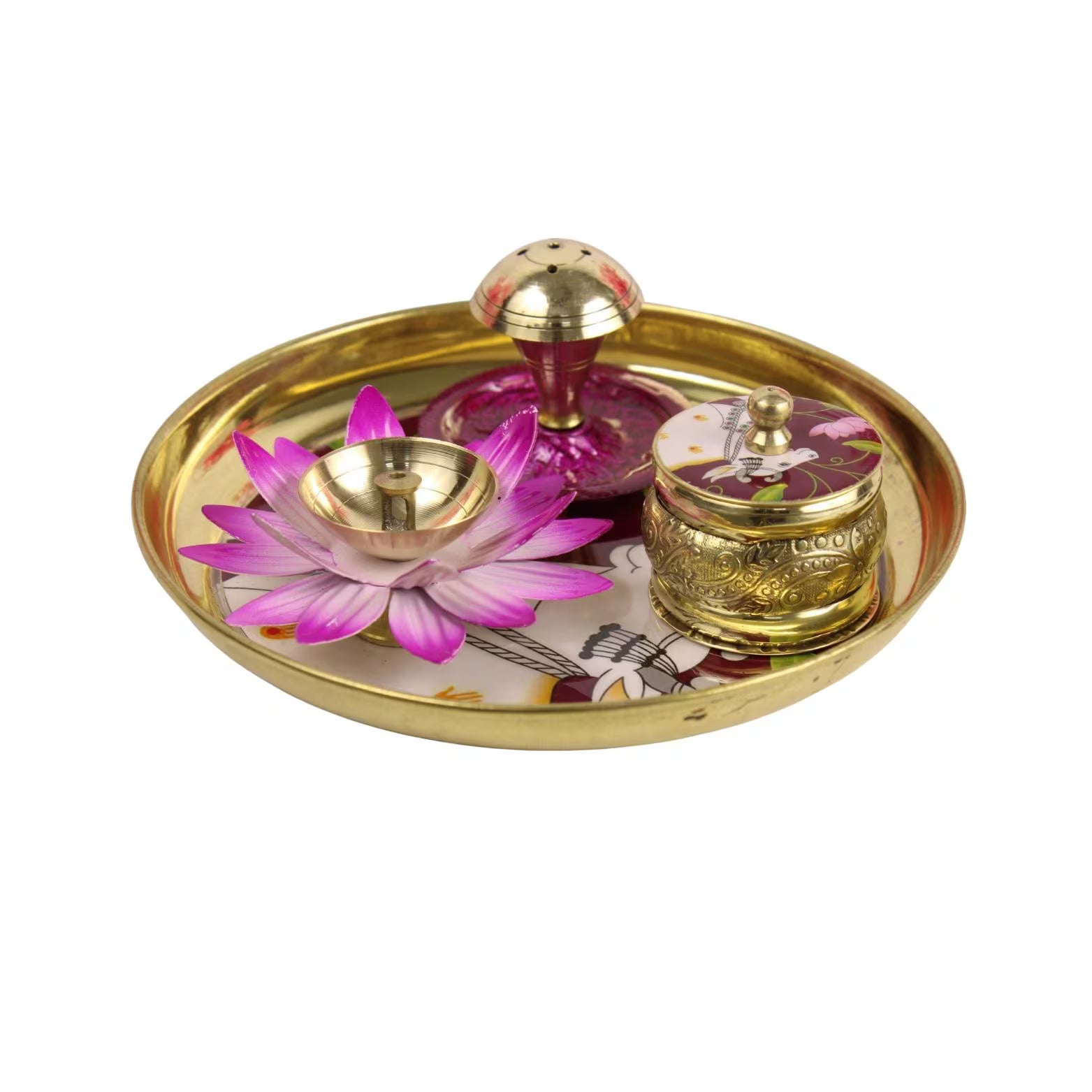 Brass Pital Puja Thali Set | Puja Thali with Kumkum Box, Incense Holder & Petal Diya | Brass Diwali Thali | Festival Aarti Thali