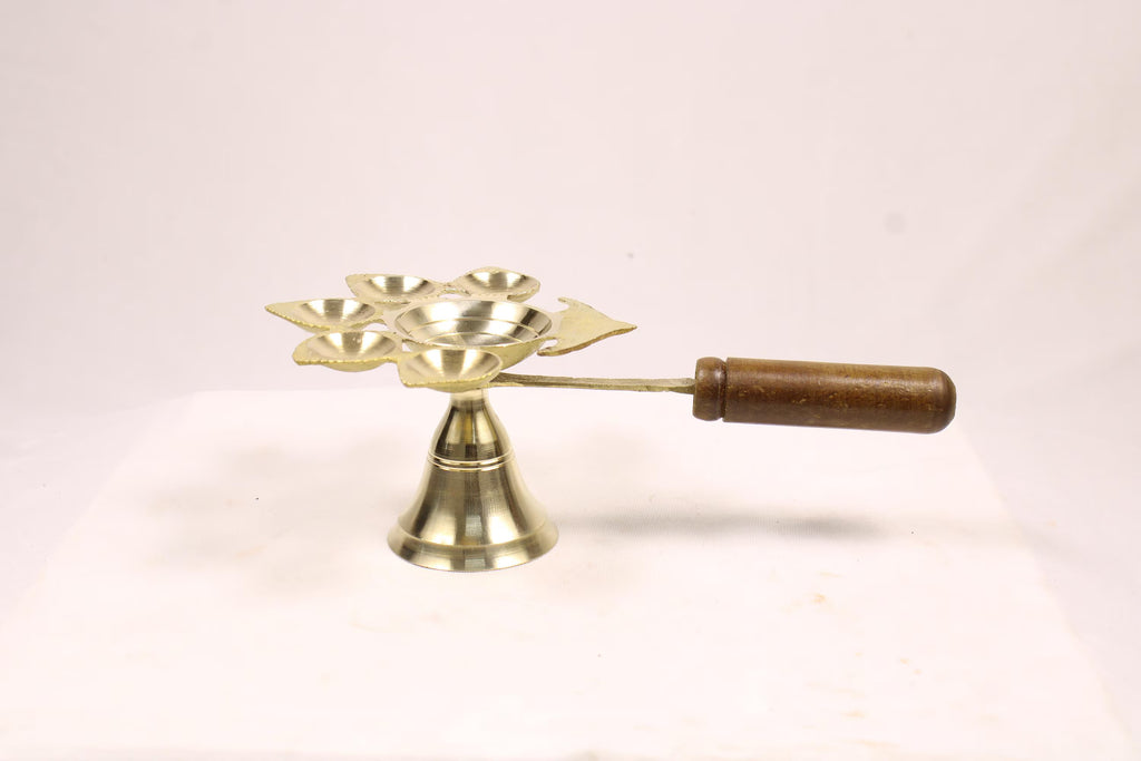Brass Panch Arti Diya with Wooden Handle | Brass Dhoop Aarti Lamp | Panch Aarti Diya  | Traditional Five 5-Wick Oil Lamp | Panchmukhi Diya