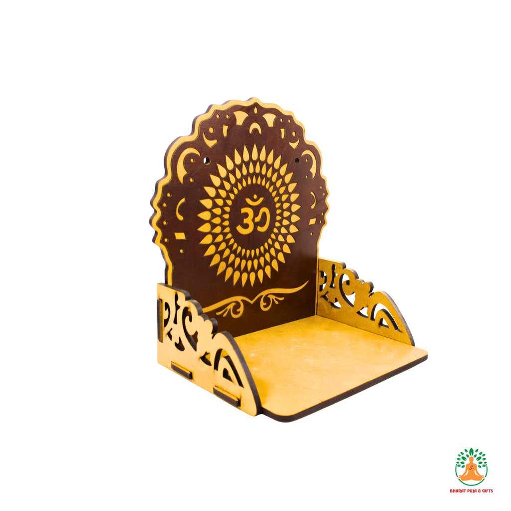 Wall Mounted Wooden Temple Shelf with Om Symbol