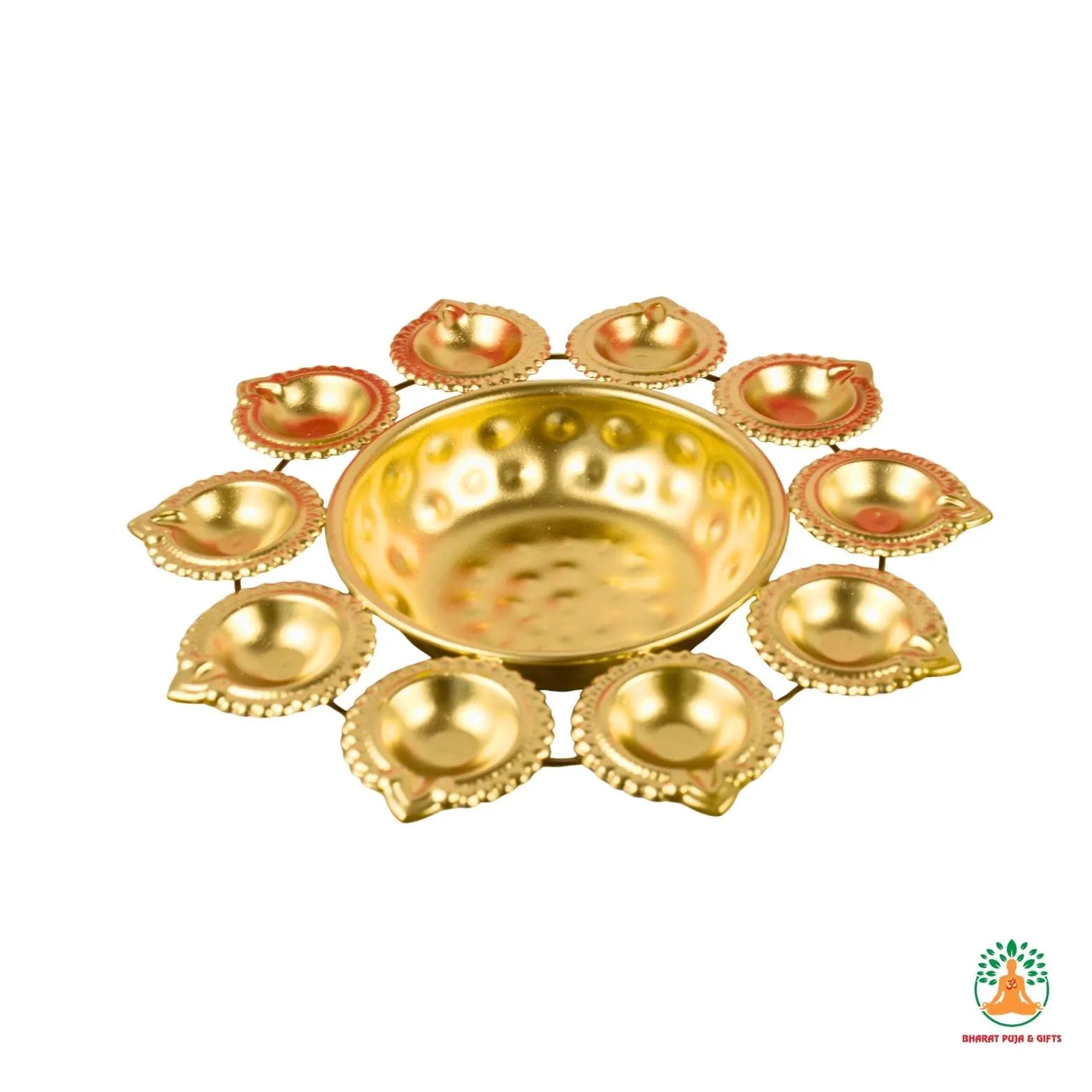 Brass Flower Shape Decorative Bowl with 10 Small Attached Diyas – Festive Urli Bowl | Centerpiece for Diwali Navratri