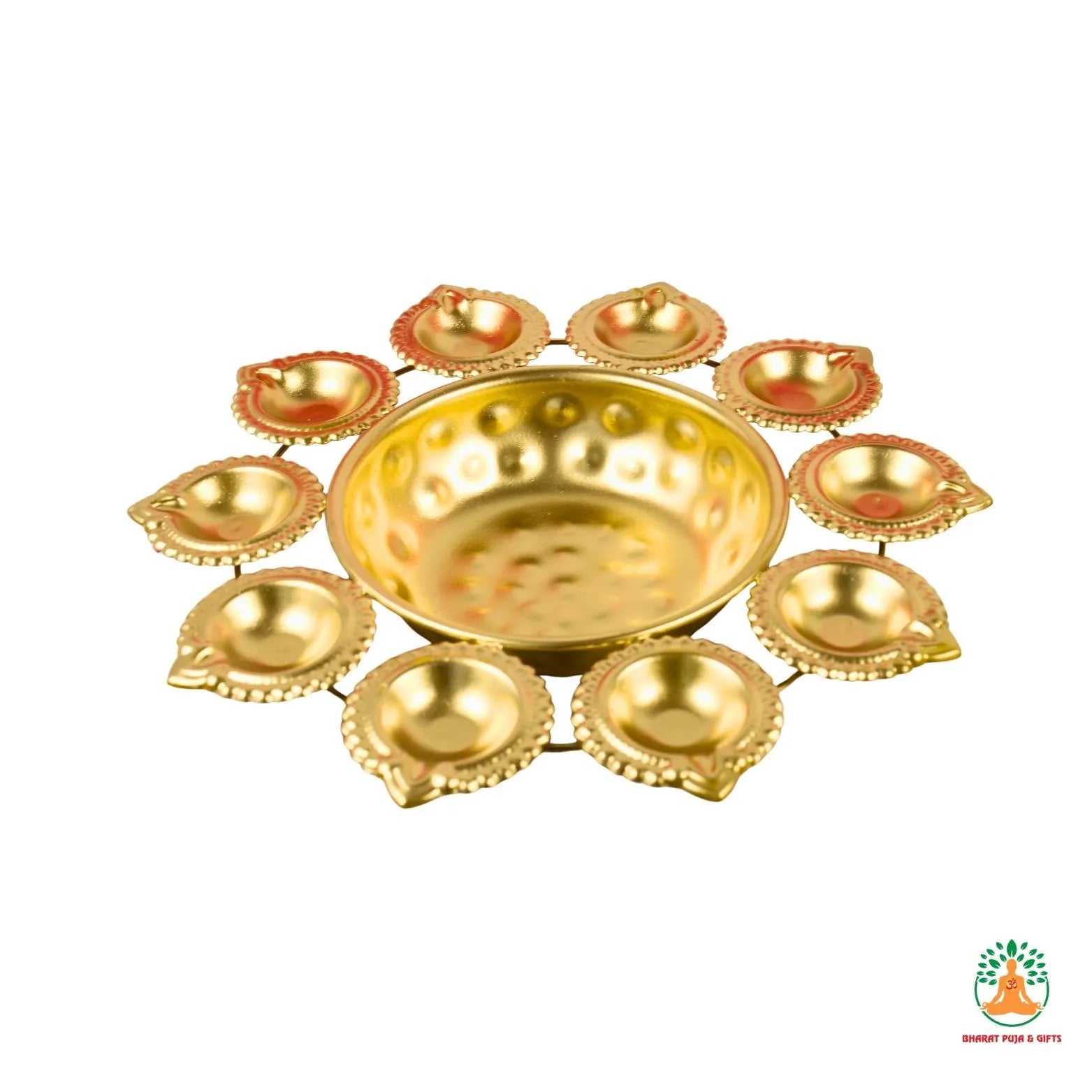 Brass Flower Shape Decorative Bowl with 10 Small Attached Diyas – Festive Urli Bowl | Centerpiece for Diwali Navratri