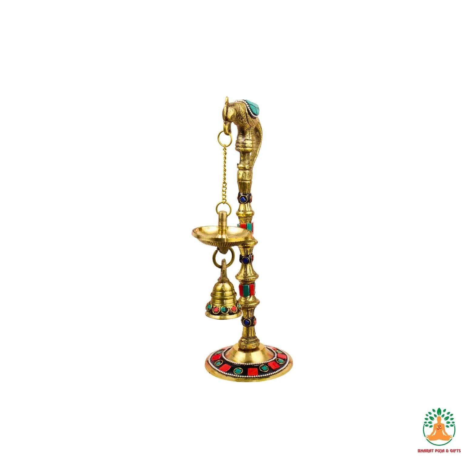 Fancy Brass Diya 9 inch | Brass Parrot Hanging Diya with Colorful Decorative Work | Festive Samai Style Oil Lamp | Spiritual Home Decor
