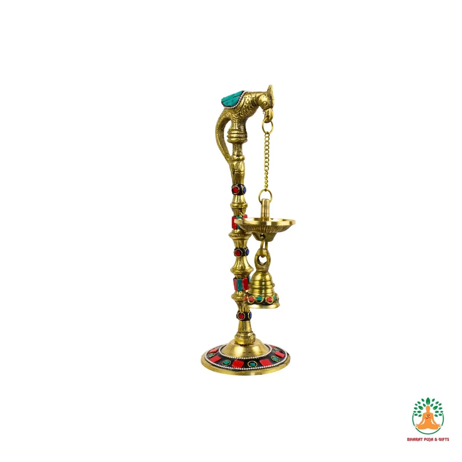 Fancy Brass Diya 9 inch | Brass Parrot Hanging Diya with Colorful Decorative Work | Festive Samai Style Oil Lamp | Spiritual Home Decor