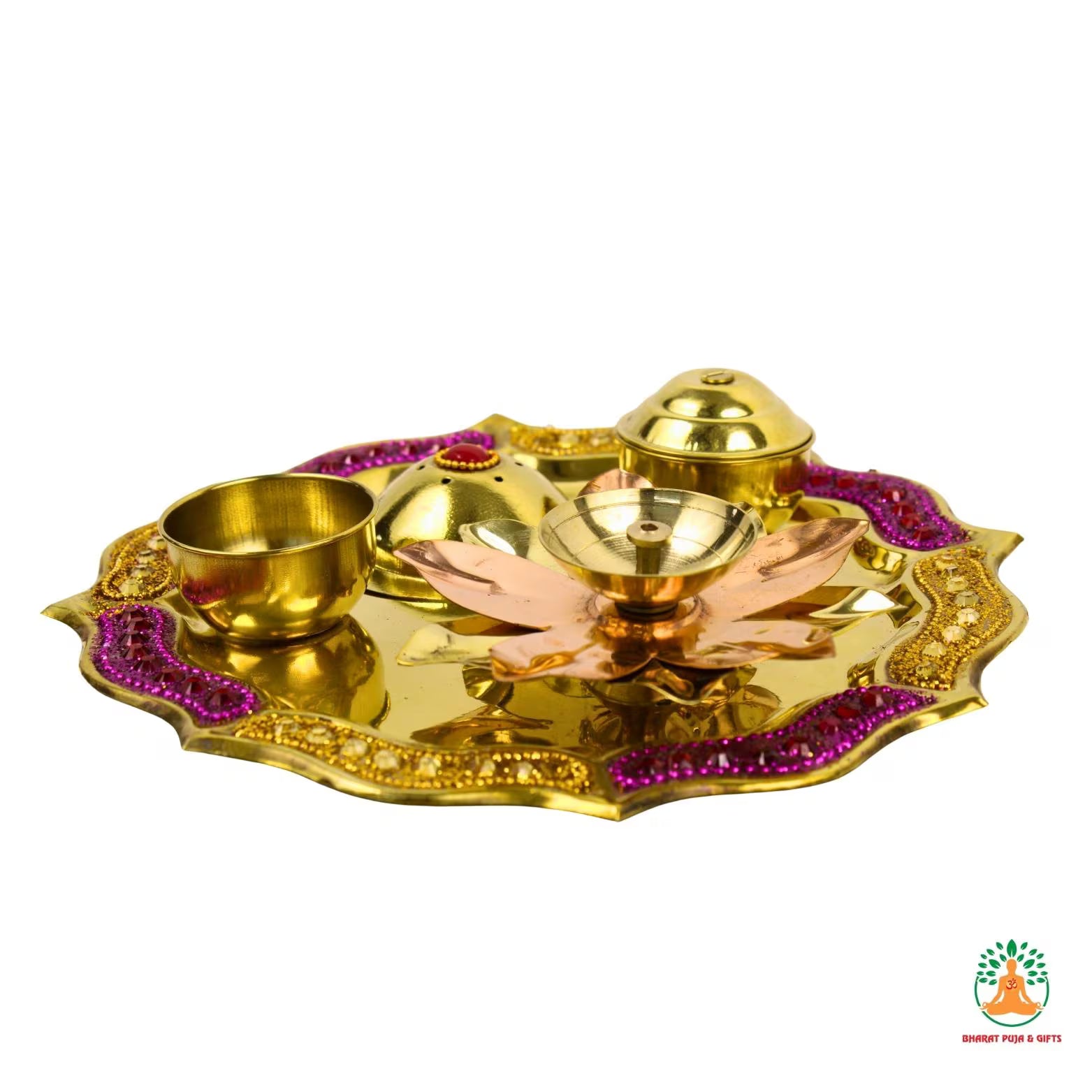 Golden-Pink Brass Puja Thali | Traditional Festive Puja Plate for Diwali, Navratri, Housewarming & Gifting | Brass Aarti Plate