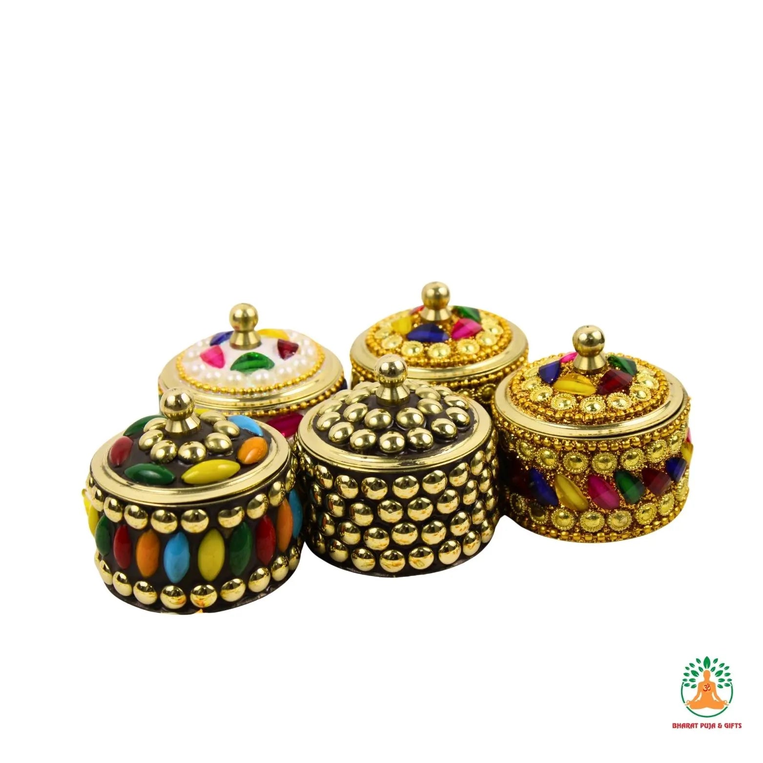 Antique Stone Dibbi with Decorative Stones & Beads Work | Royal Kumkum Box | Indian Wedding Favors | Housewarming Gifts | Puja Return Gift