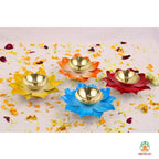 Colorful Floral Petal Brass Diyas - Set of 4 | Festive Oil Lamps for Diwali Navratri