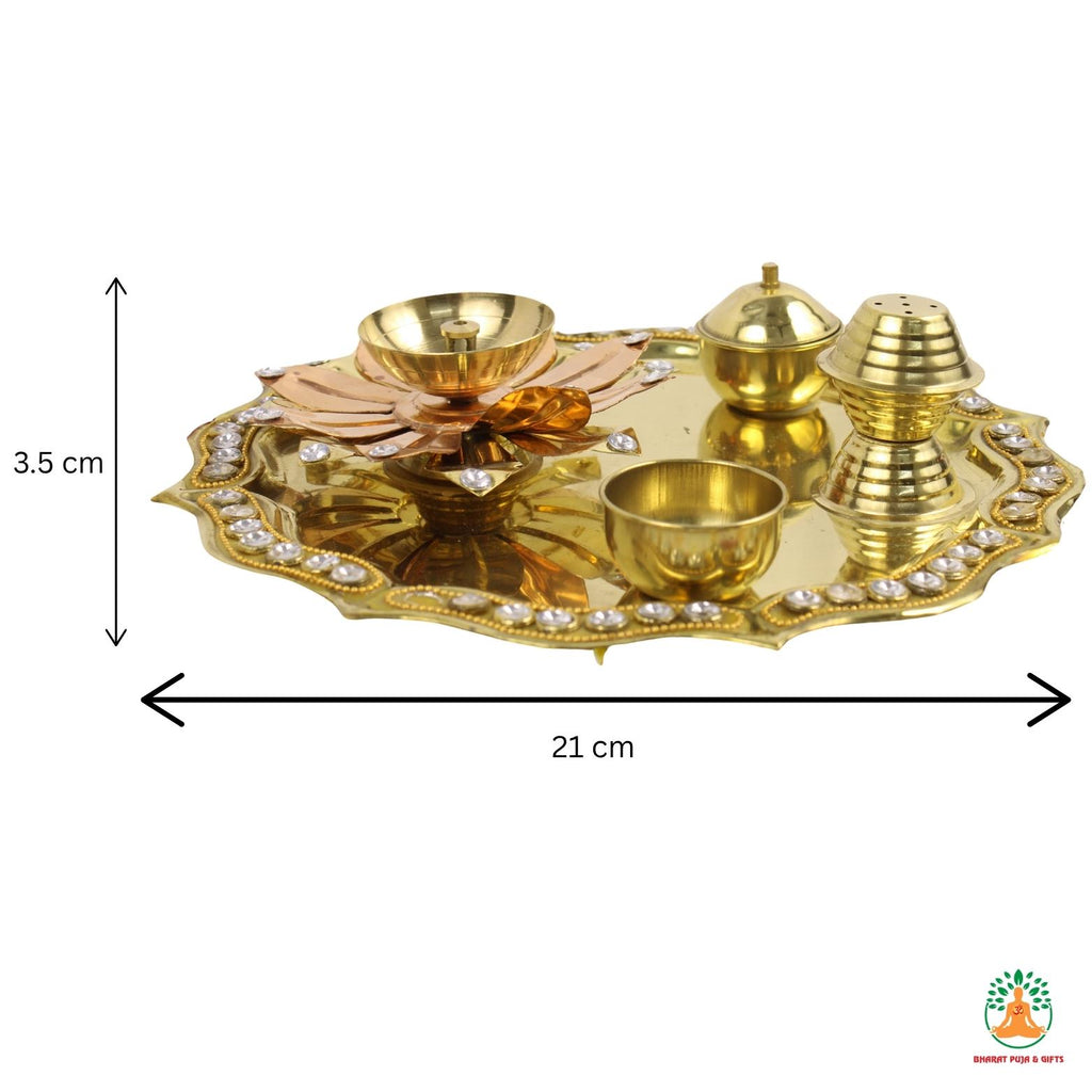Brass Puja Thali with Decorative Beads and Diya, Kumkum Holder, Incense Holder| Puja Plate Aarti Thali | Brass Plate Arti Thali