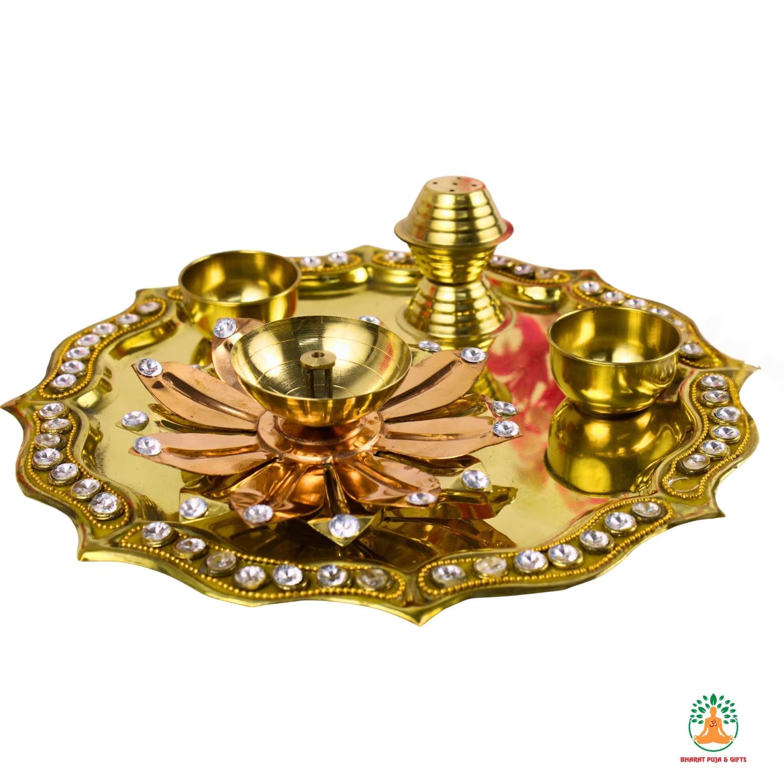 Brass Puja Thali with Decorative Beads and Diya, Kumkum Holder, Incense Holder| Puja Plate Aarti Thali | Brass Plate Arti Thali