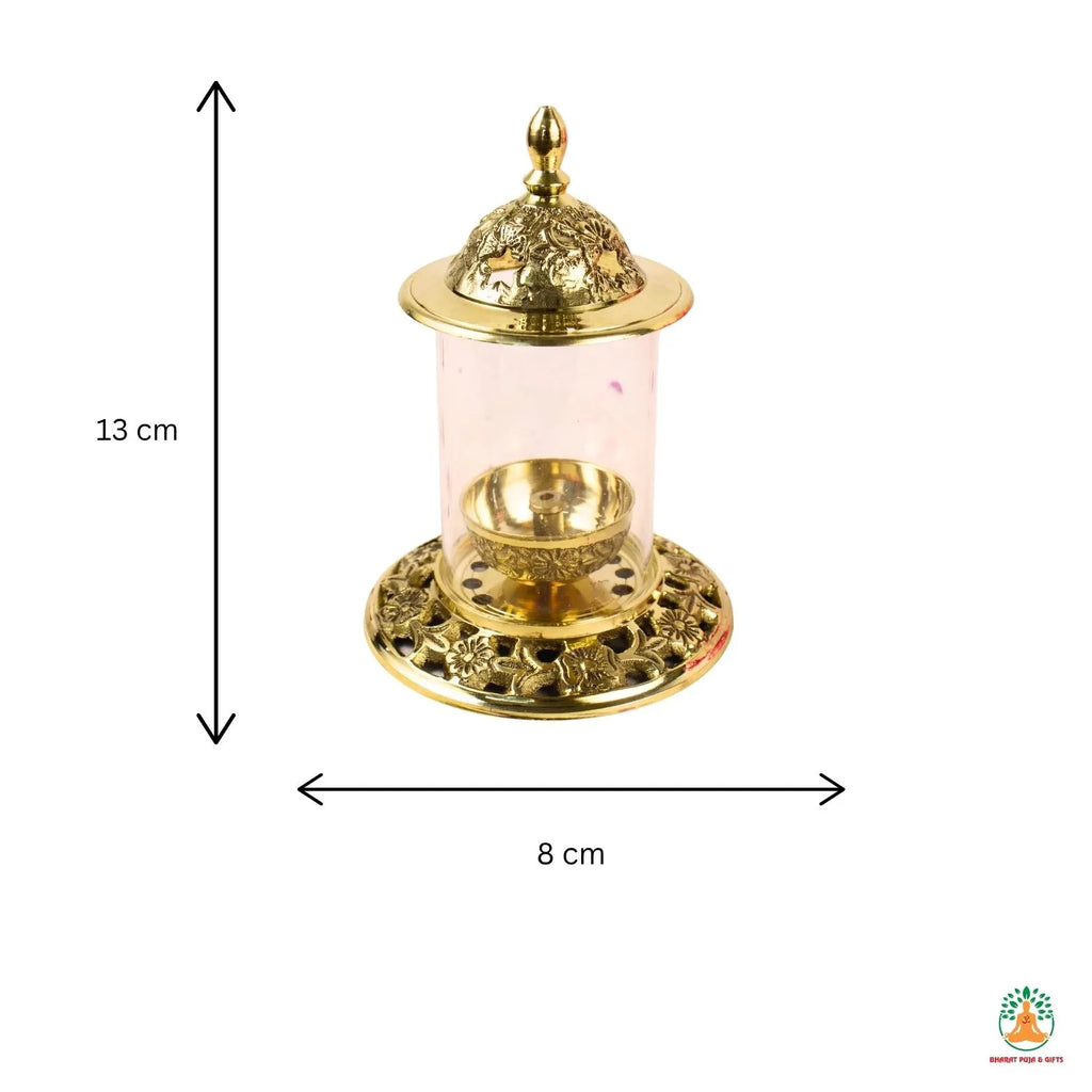 Brass Diya with Round Glass Wind Shield | Traditional Puja Diya with Protective Glass Cover | Brass Oil Lamp with Cover