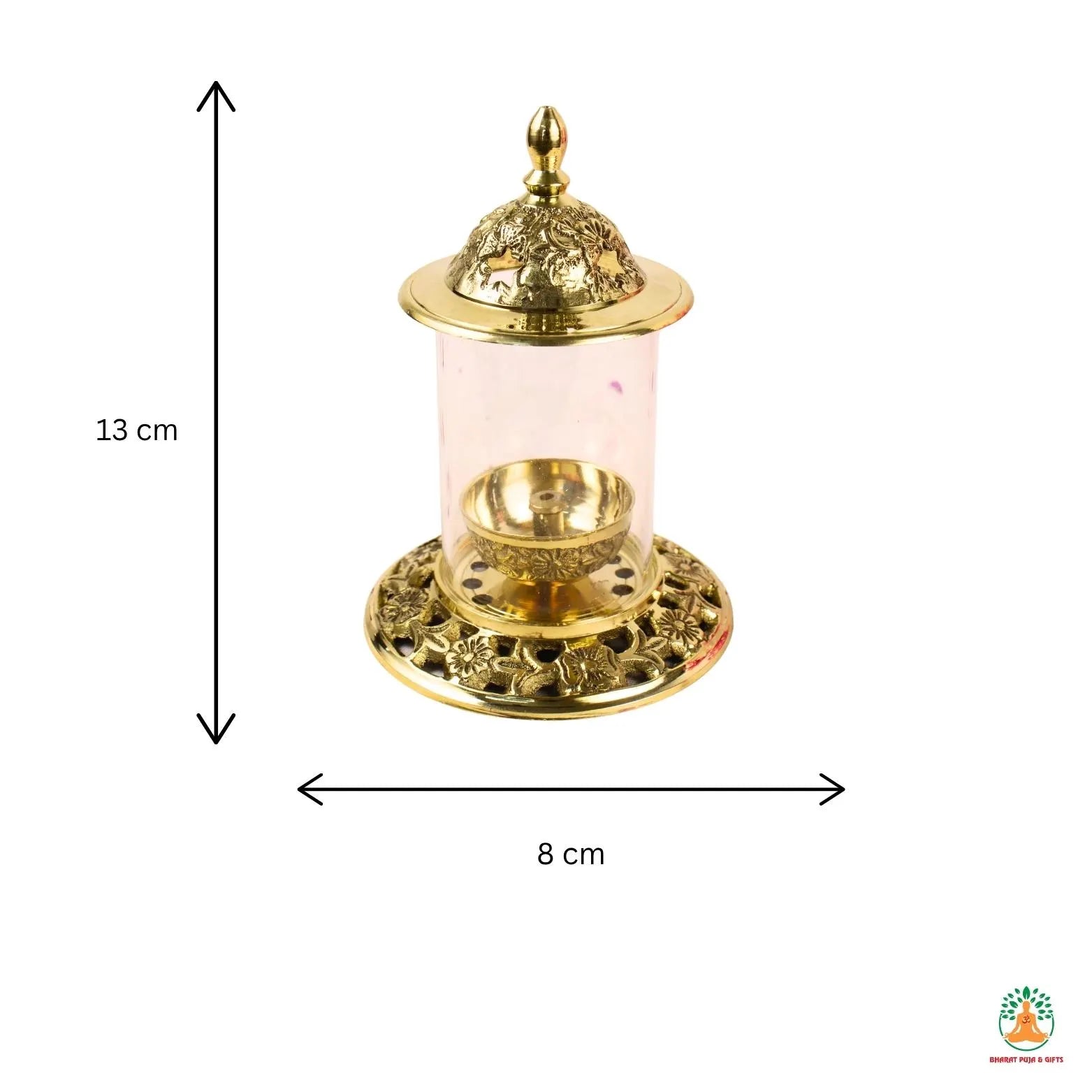 Brass Diya with Round Glass Wind Shield | Traditional Puja Diya with Protective Glass Cover | Brass Oil Lamp with Cover