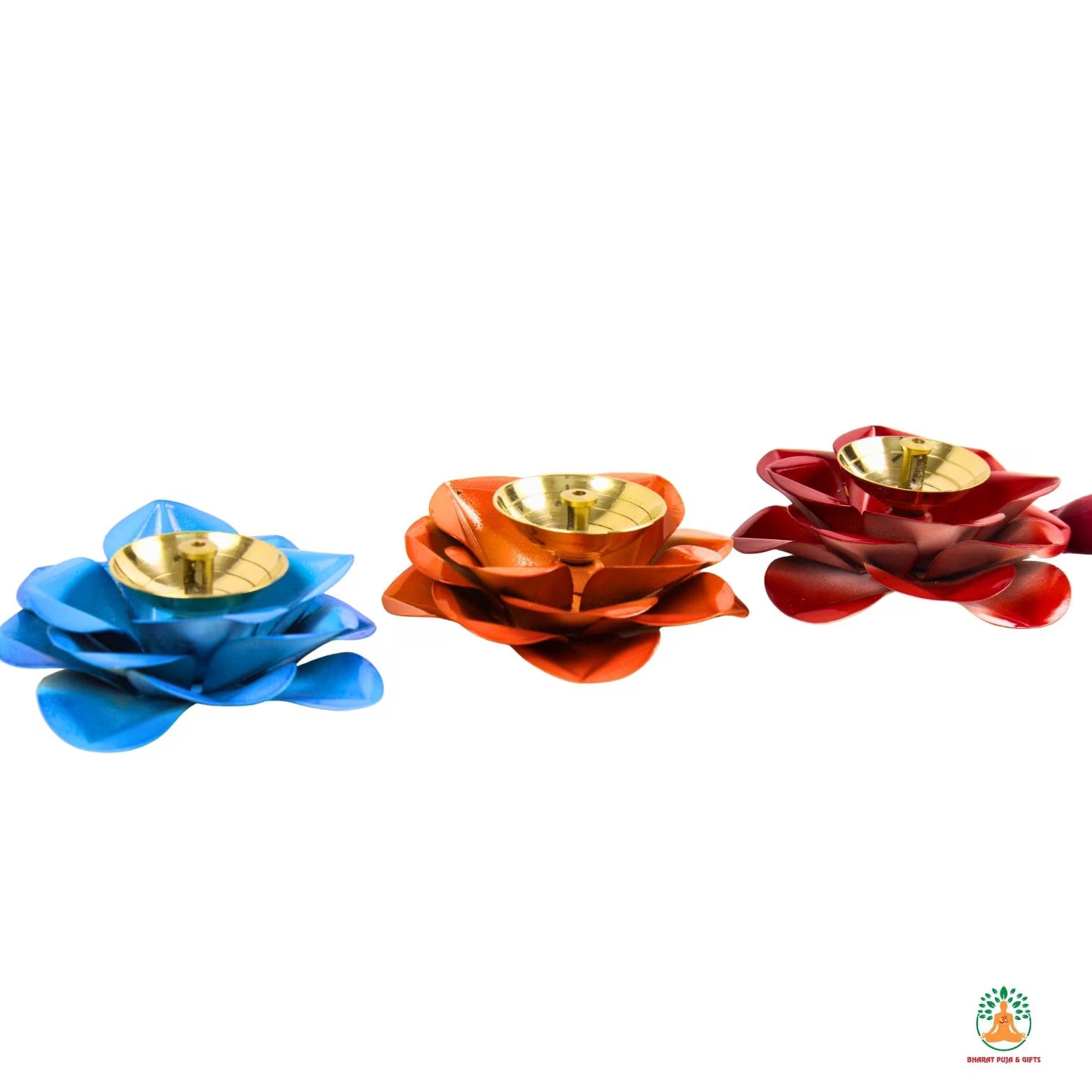 2 Pair Brass Diya with Colorful Petal Shape Base – Vibrant Traditional Diya | Diwali Gift | Colorful Diyas | Diwali Diya