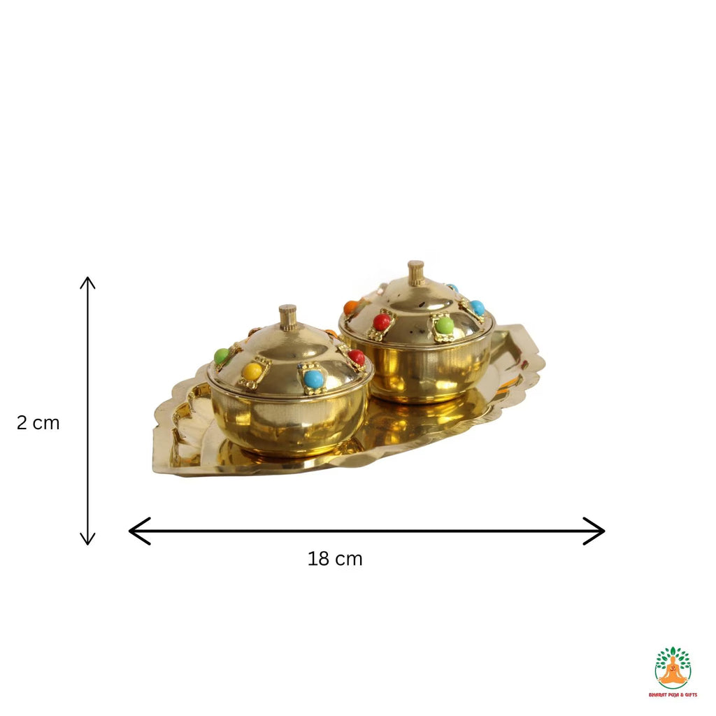 Brass Haldi Kumkum Set – 2 Pots with Base Plate & Colorful Beads | Haldi Kumkum Container | Haldi Kumkum Box | Haldi Kumkum Holder