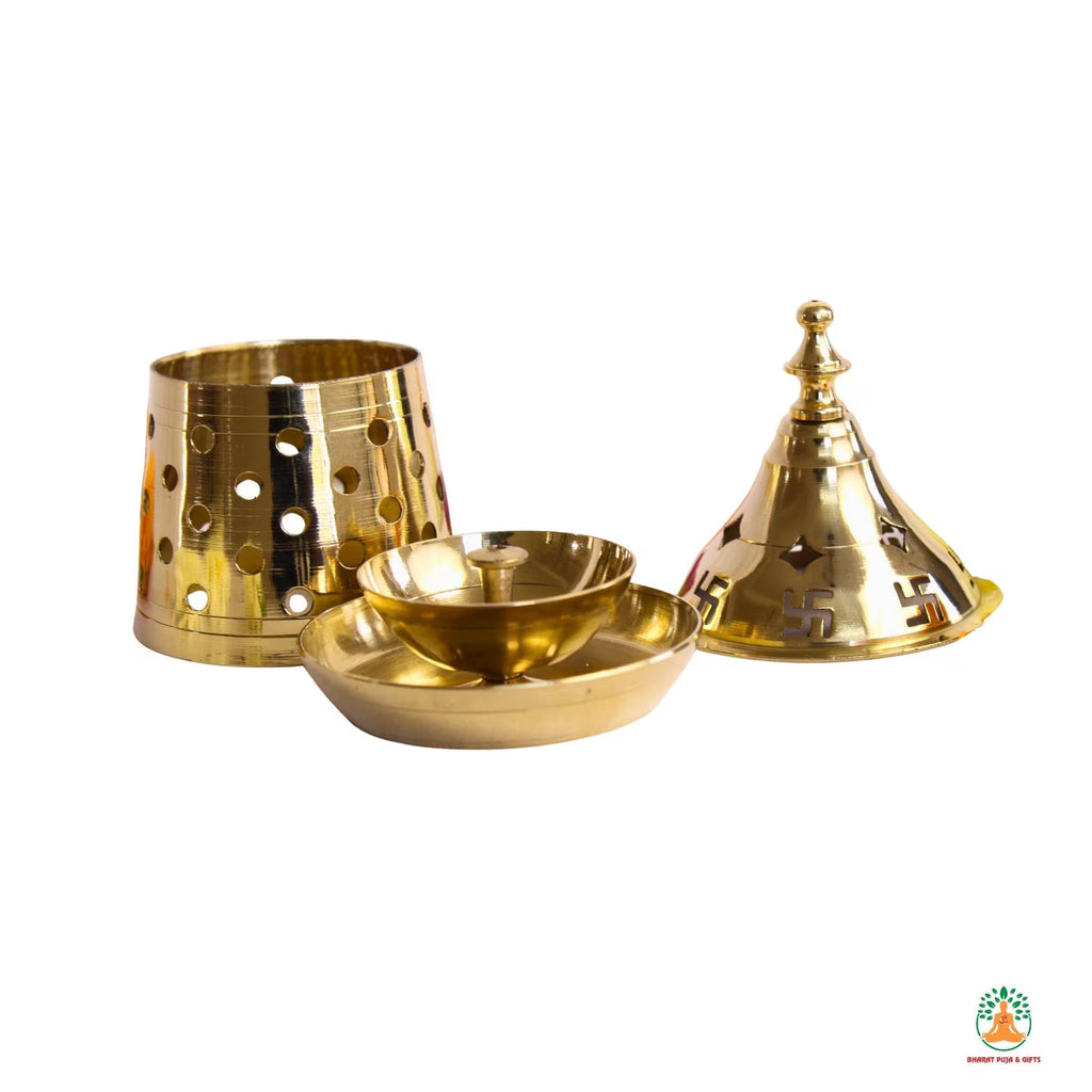 Brass Diya with Dome Cover Diya with Swastik Carving and Base | Traditional Hindu Puja Oil Lamp for Home Temple, Festive Decor & Gifting
