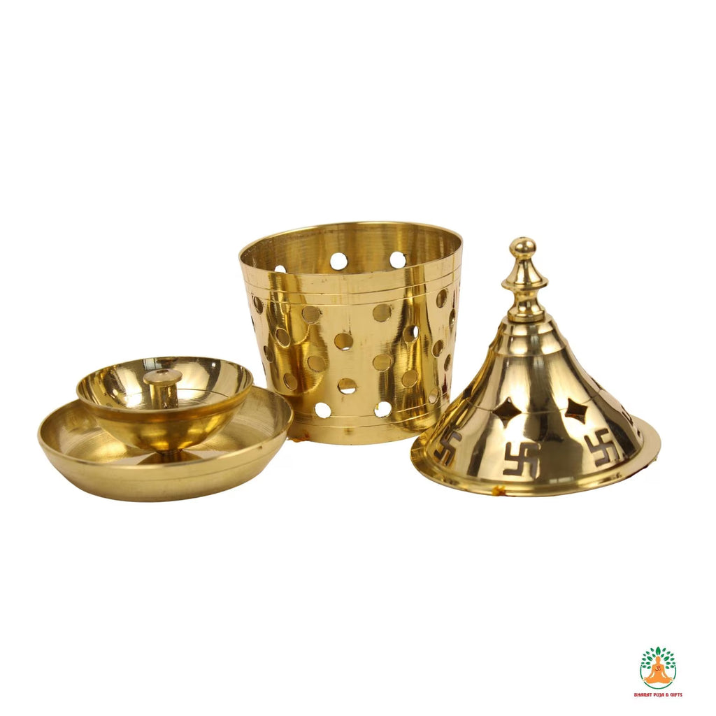Brass Diya with Dome Cover Diya with Swastik Carving and Base | Traditional Hindu Puja Oil Lamp for Home Temple, Festive Decor & Gifting