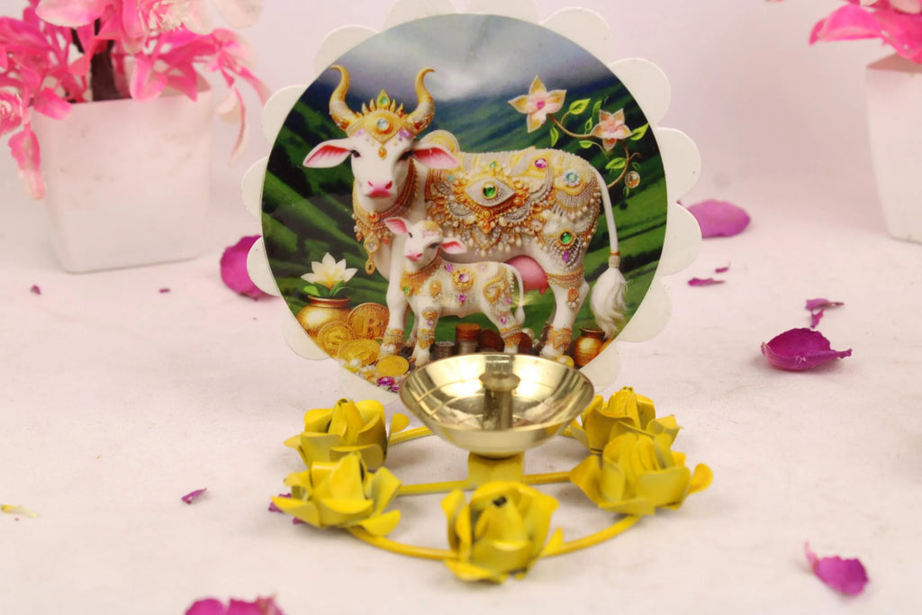 Brass Diya with Cow and Calf Picture | Decorative Oil Lamp | Fancy Diya for Diwali Decorations | Indian Home Decor | Hindu Spiritual Gift