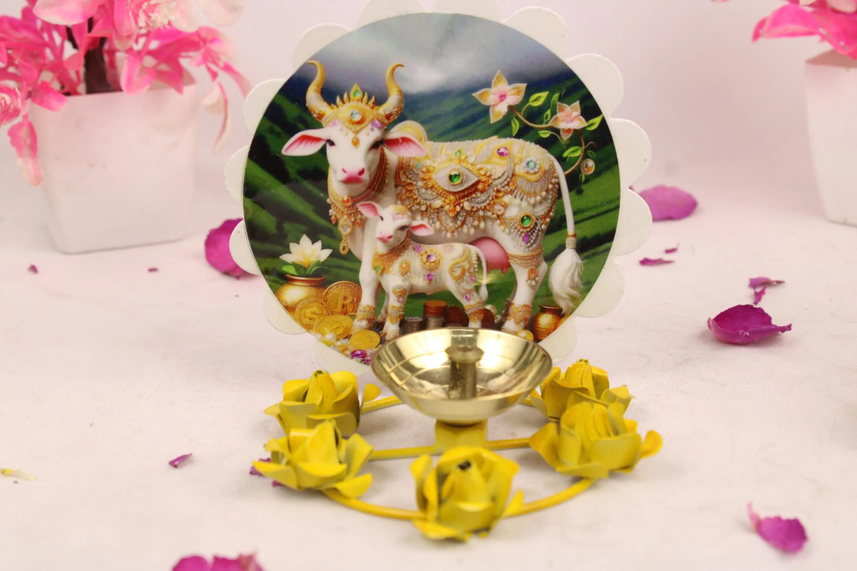 Brass Diya with Cow and Calf Picture | Decorative Oil Lamp | Fancy Diya for Diwali Decorations | Indian Home Decor | Hindu Spiritual Gift