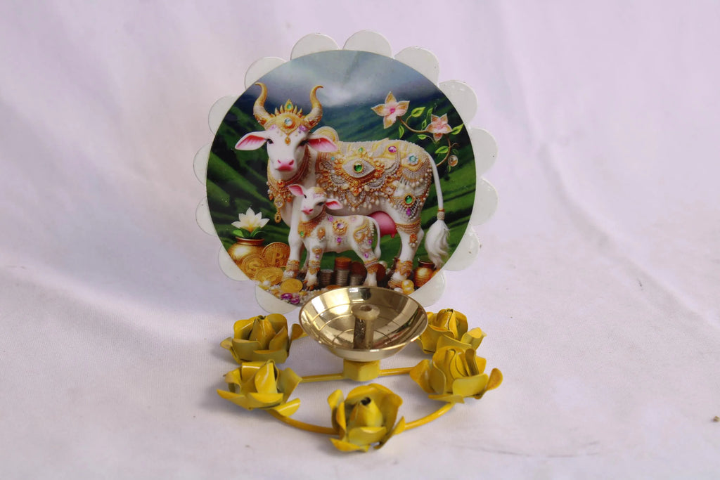 Brass Diya with Cow and Calf Picture | Decorative Oil Lamp | Fancy Diya for Diwali Decorations | Indian Home Decor | Hindu Spiritual Gift