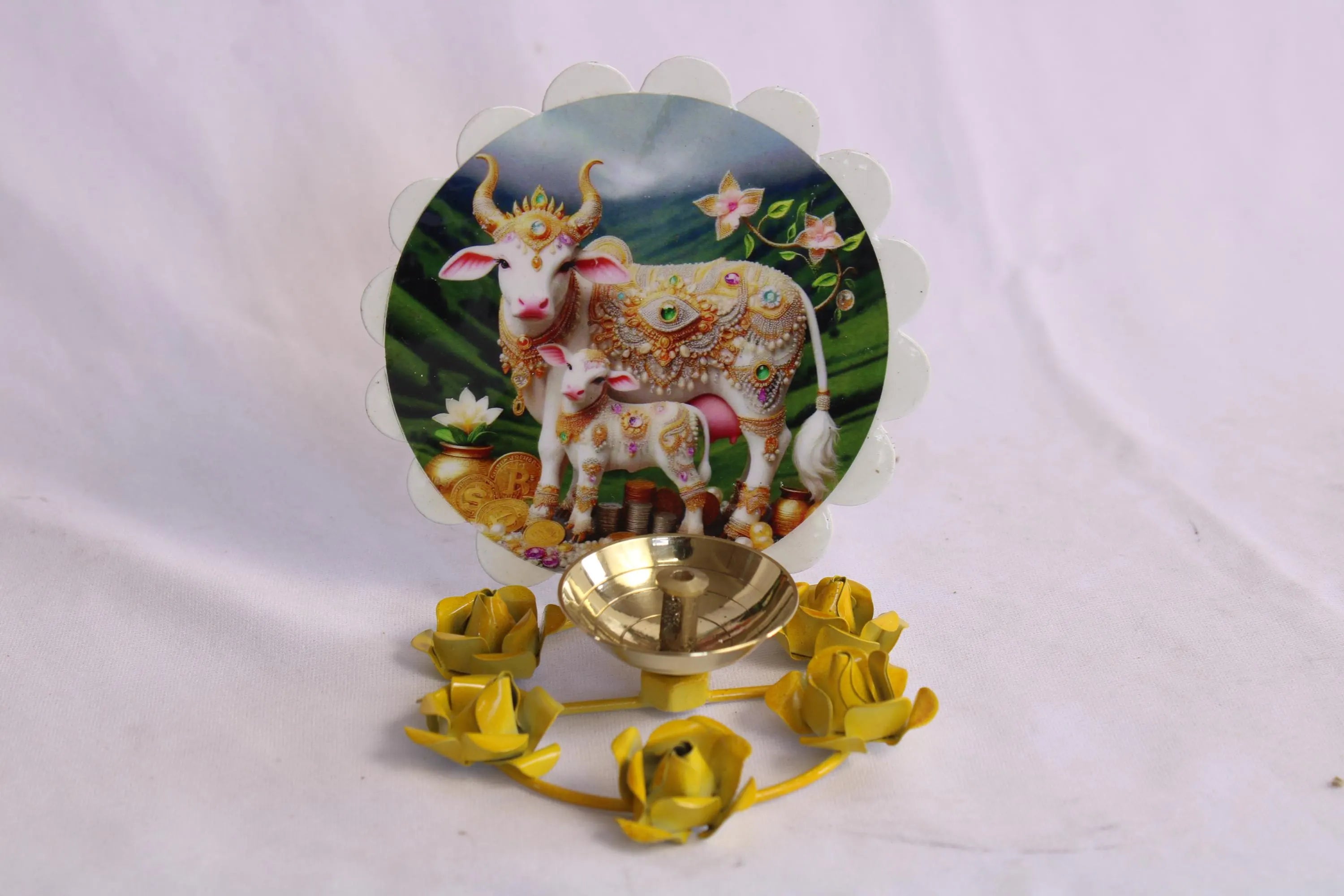 Brass Diya with Cow and Calf Picture | Decorative Oil Lamp | Fancy Diya for Diwali Decorations | Indian Home Decor | Hindu Spiritual Gift