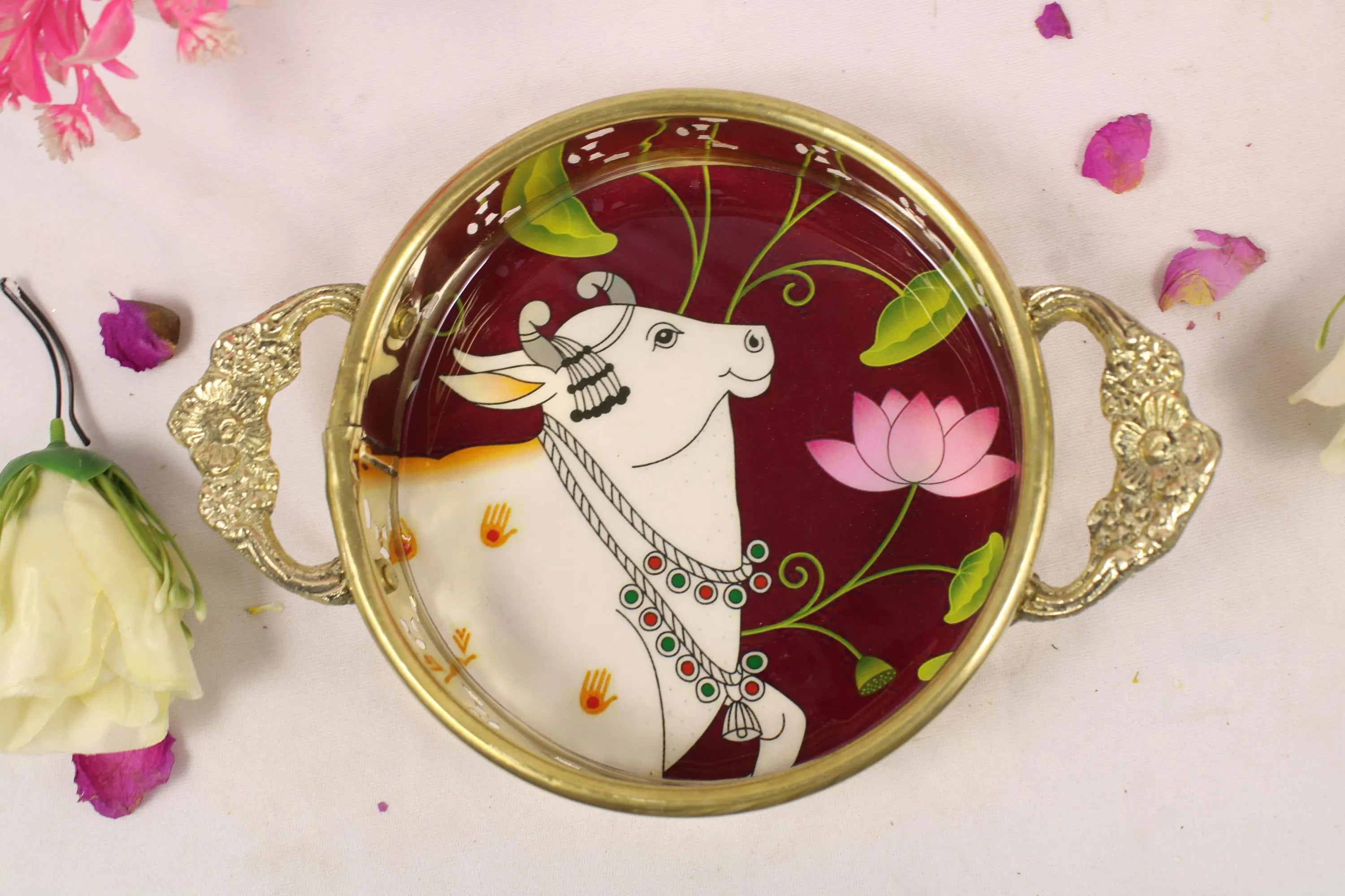 Premium Brass Flower Basket Topli with Colorful Cow Artwork | Traditional Floral Basket | Phool Tokri | Wedding Puja Aarti Offering Basket