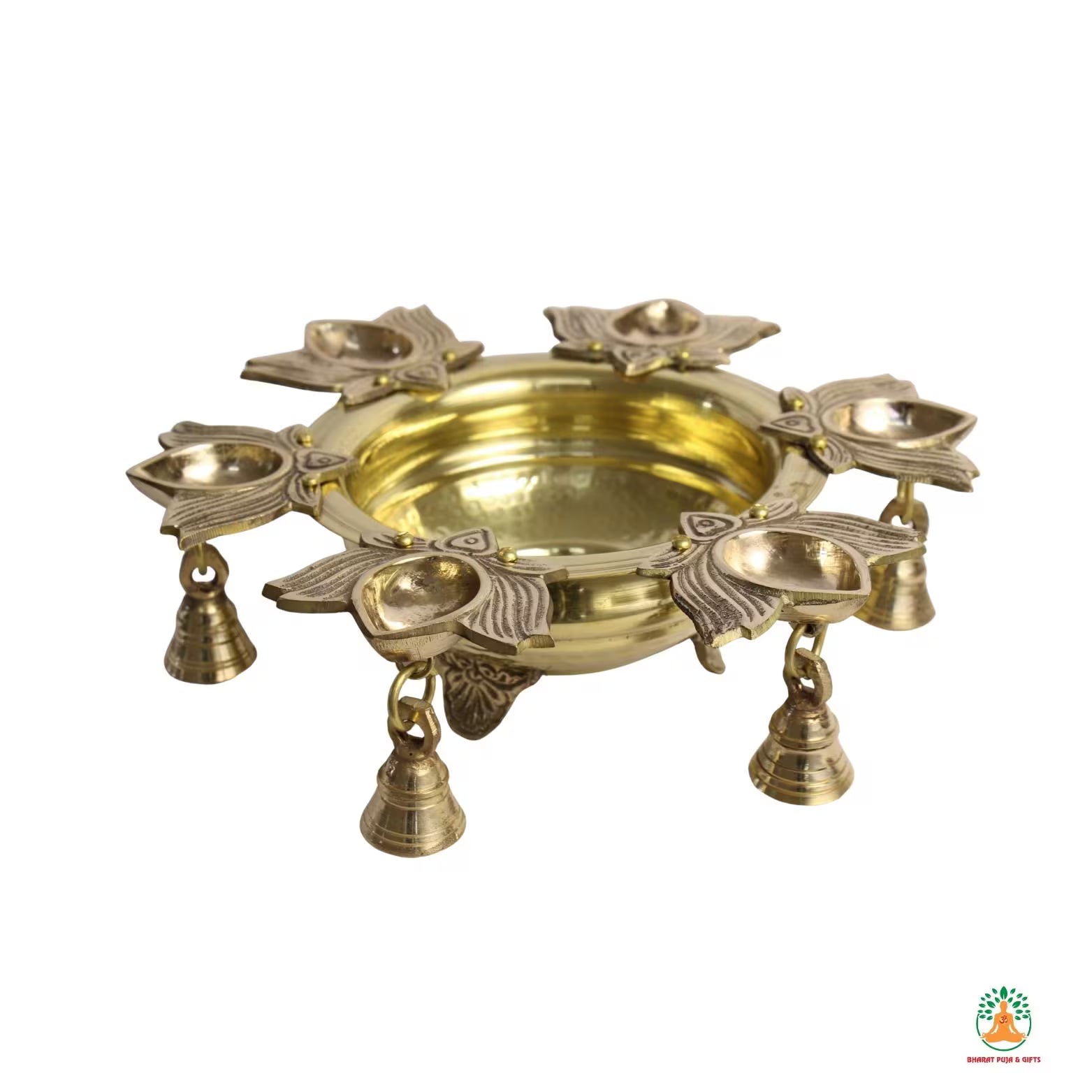 Brass Urli Bowl with Diya and Hanging Bells | Festive Decorative Oil Lamp Bowl | Diwali Urli Bowl | Navratri Diya Bowl