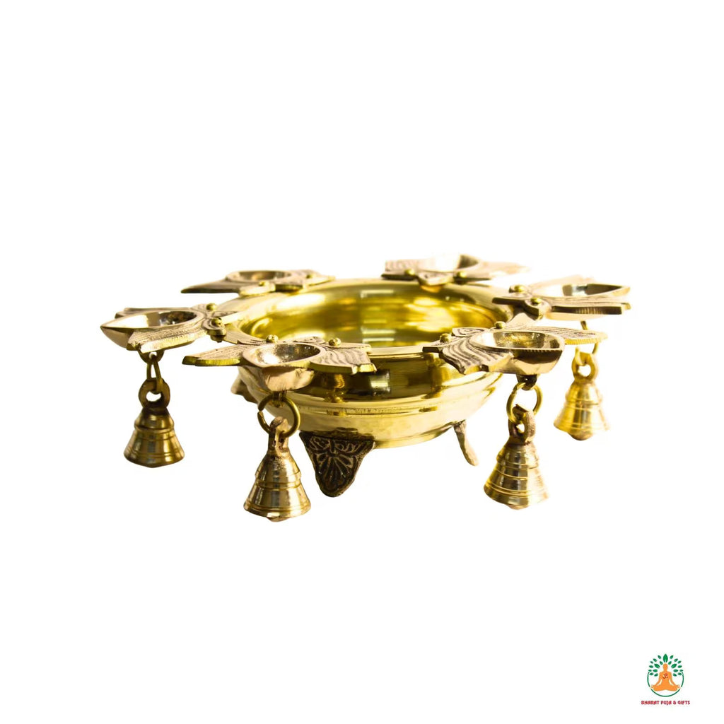 Brass Urli Bowl with Diya and Hanging Bells | Festive Decorative Oil Lamp Bowl | Diwali Urli Bowl | Navratri Diya Bowl