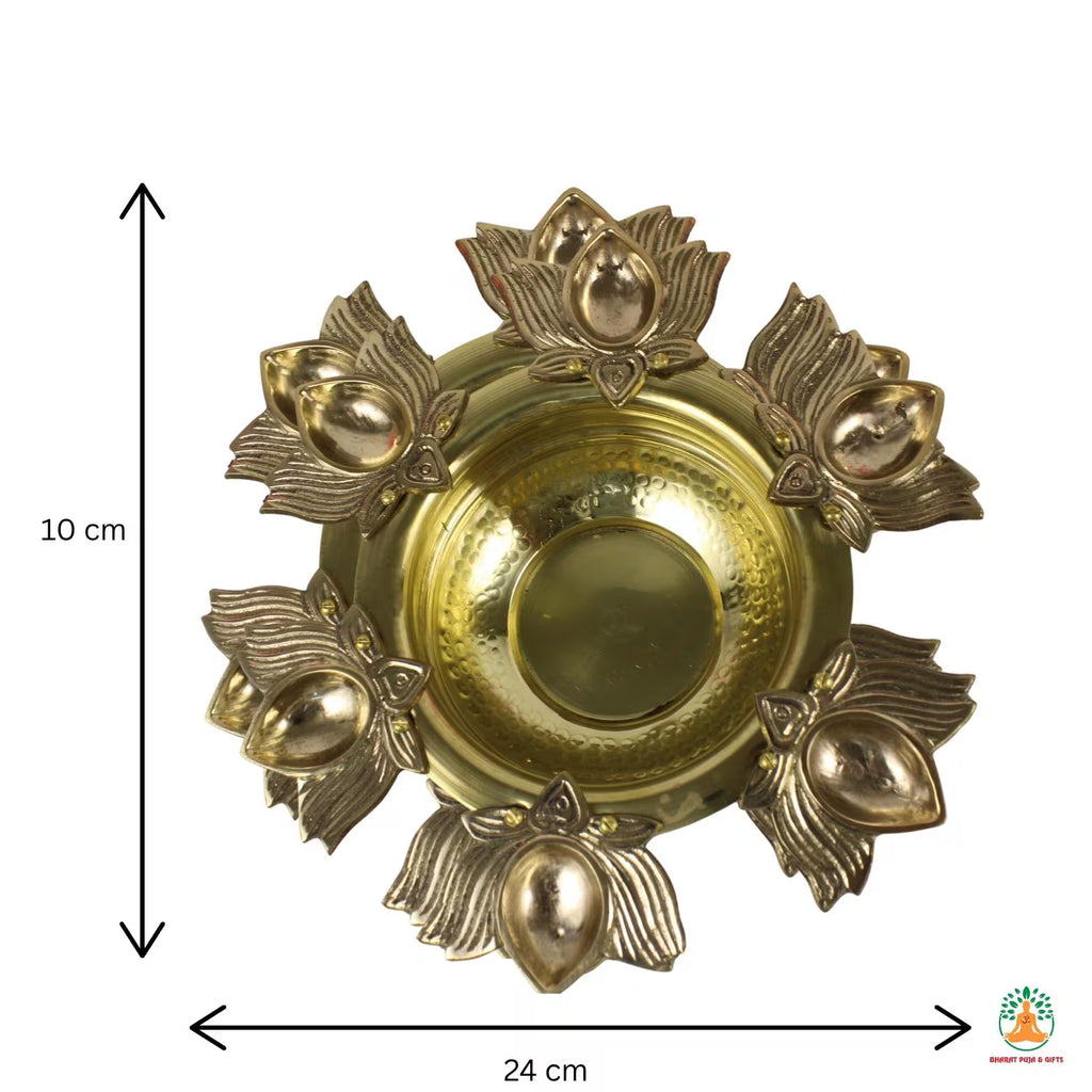 Brass Urli Bowl with Diya and Hanging Bells | Festive Decorative Oil Lamp Bowl | Diwali Urli Bowl | Navratri Diya Bowl