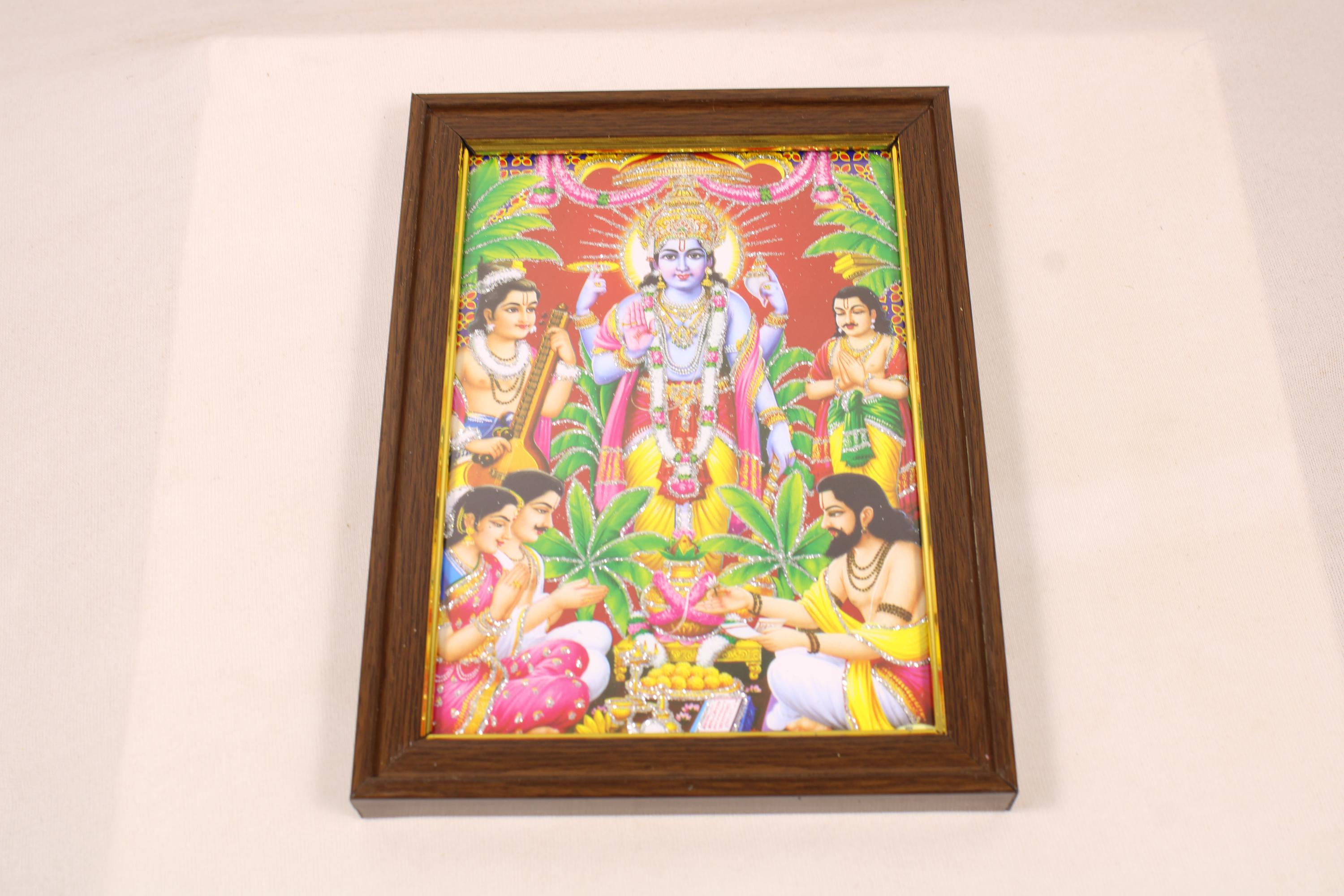 Golden lakshmi narayan l satyanarayan pujja Photo Frame with Glass Cover
