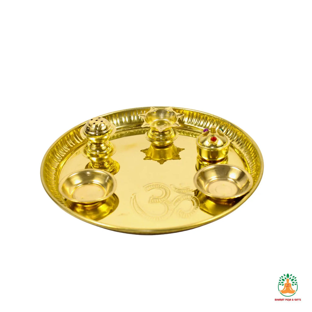 Brass Pital Puja Thali Set | Traditional 5 in 1 Pooja Thali with Kumkum Box, Incense Holder, Bowls & Diya | Festival Aarti Thali