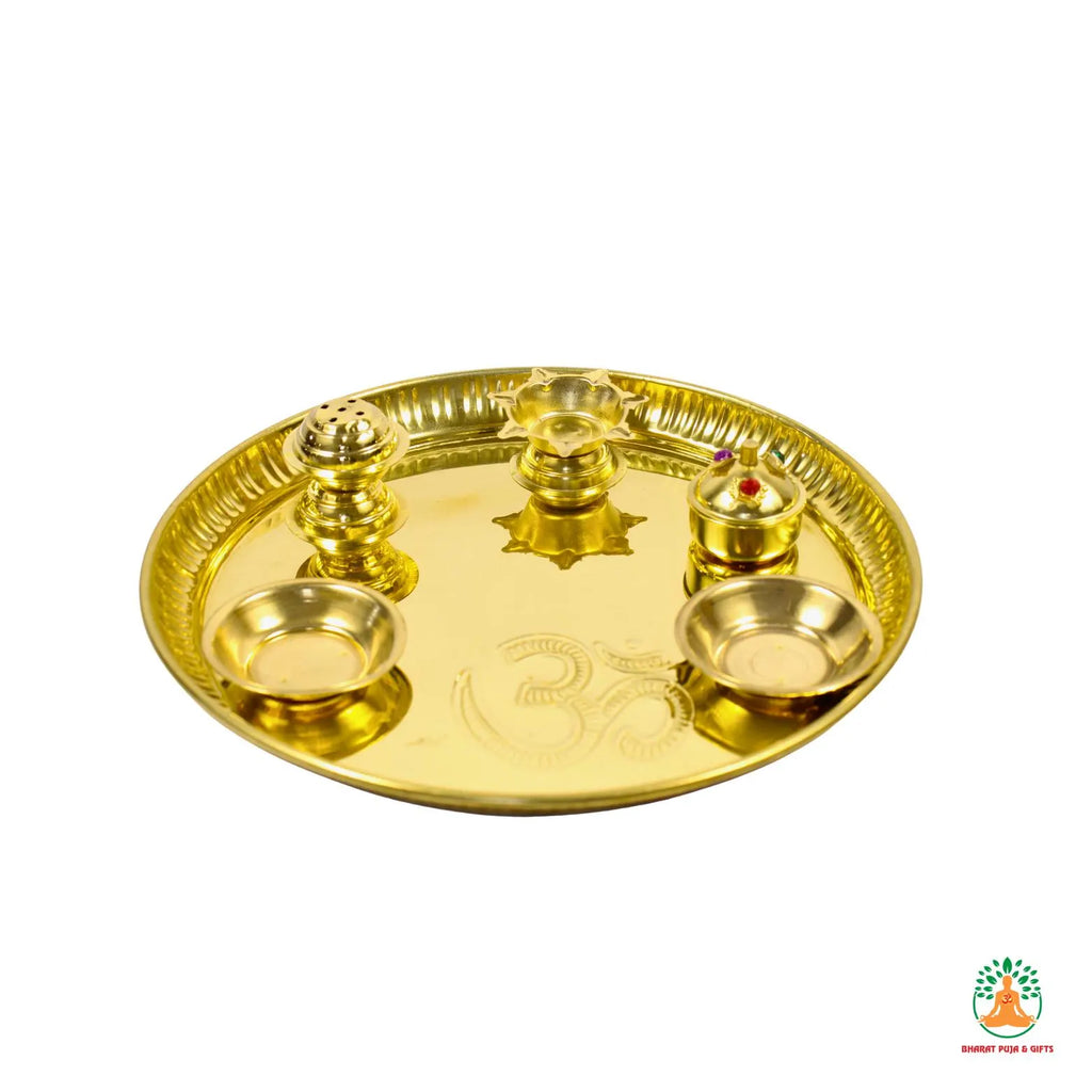 Brass Pital Puja Thali Set | Traditional 5 in 1 Pooja Thali with Kumkum Box, Incense Holder, Bowls & Diya | Festival Aarti Thali