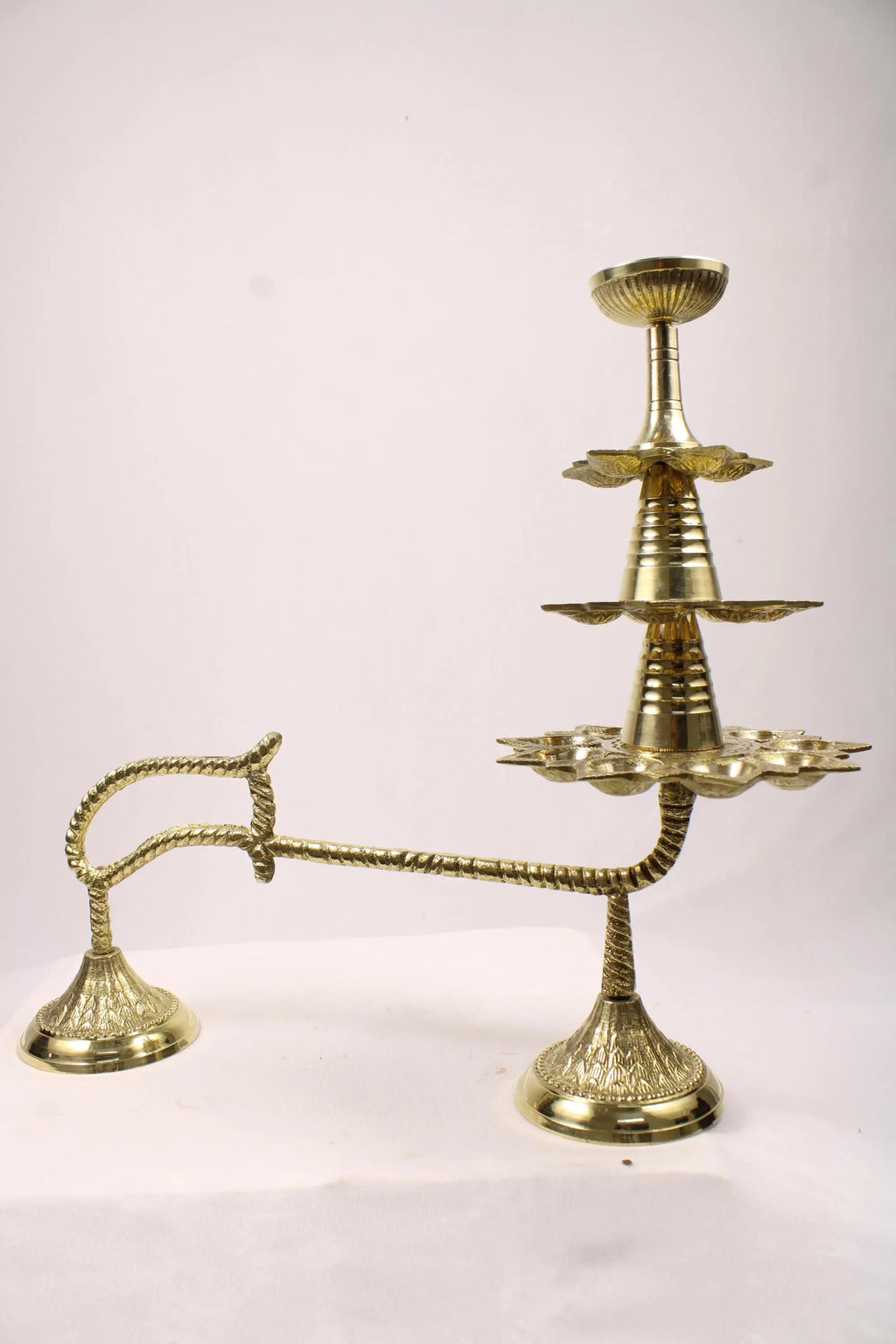 Large Brass Ganga Aarti Diya with Handle | Brass 3 Stage Samai | 3 Step Traditional Indian Oil Lamp