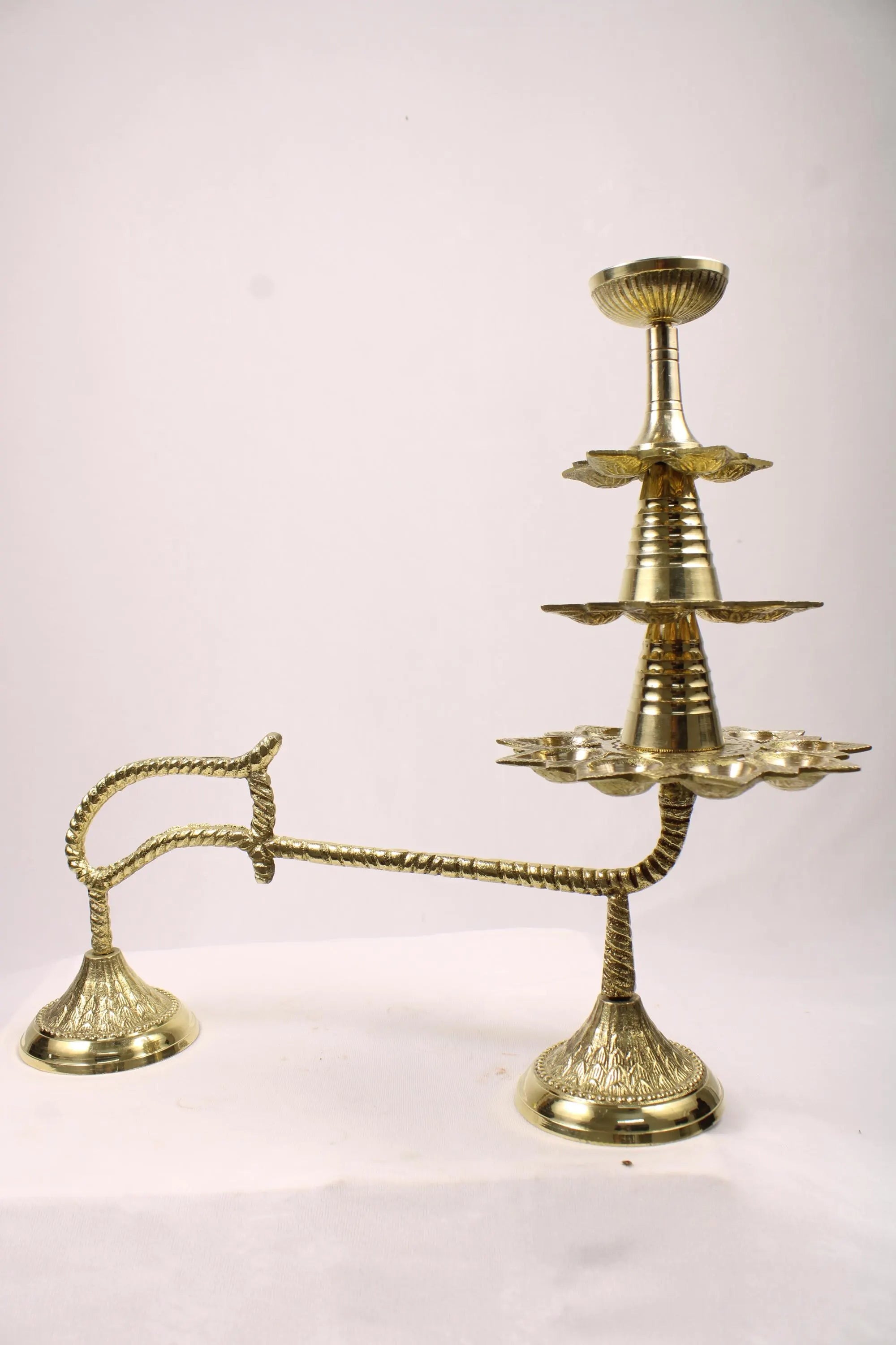 Large Brass Ganga Aarti Diya with Handle | Brass 3 Stage Samai | 3 Step Traditional Indian Oil Lamp