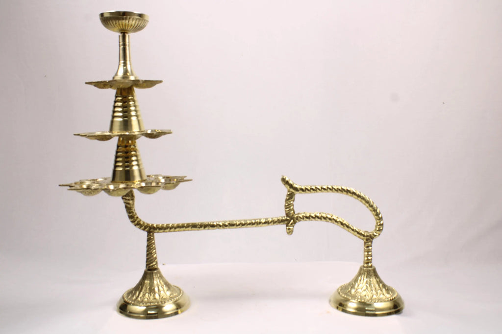 Large Brass Ganga Aarti Diya with Handle | Brass 3 Stage Samai | 3 Step Traditional Indian Oil Lamp
