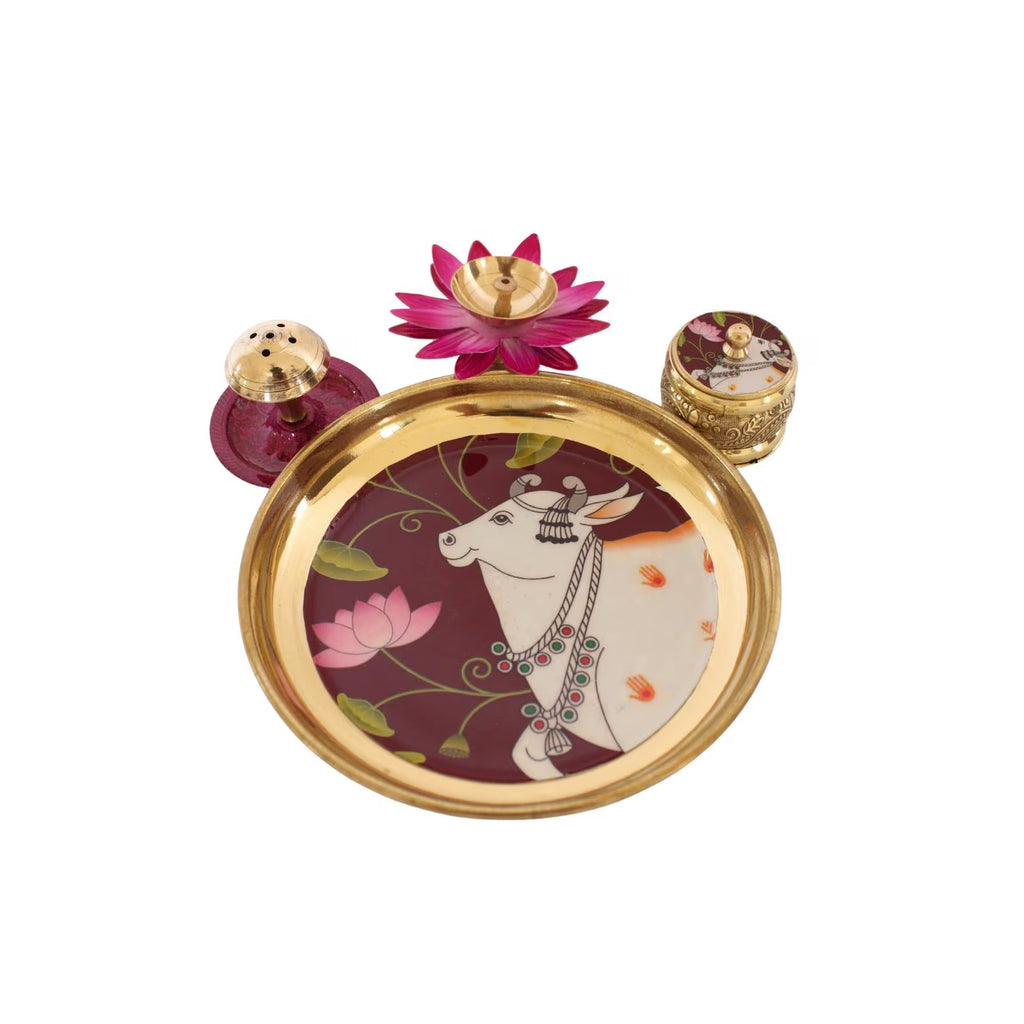 Brass Pital Puja Thali Set | Puja Thali with Kumkum Box, Incense Holder & Petal Diya | Brass Diwali Thali | Festival Aarti Thali