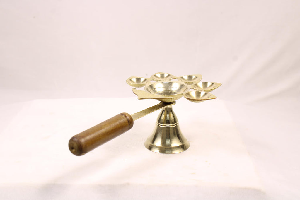 Brass Panch Arti Diya with Wooden Handle | Brass Dhoop Aarti Lamp | Panch Aarti Diya  | Traditional Five 5-Wick Oil Lamp | Panchmukhi Diya