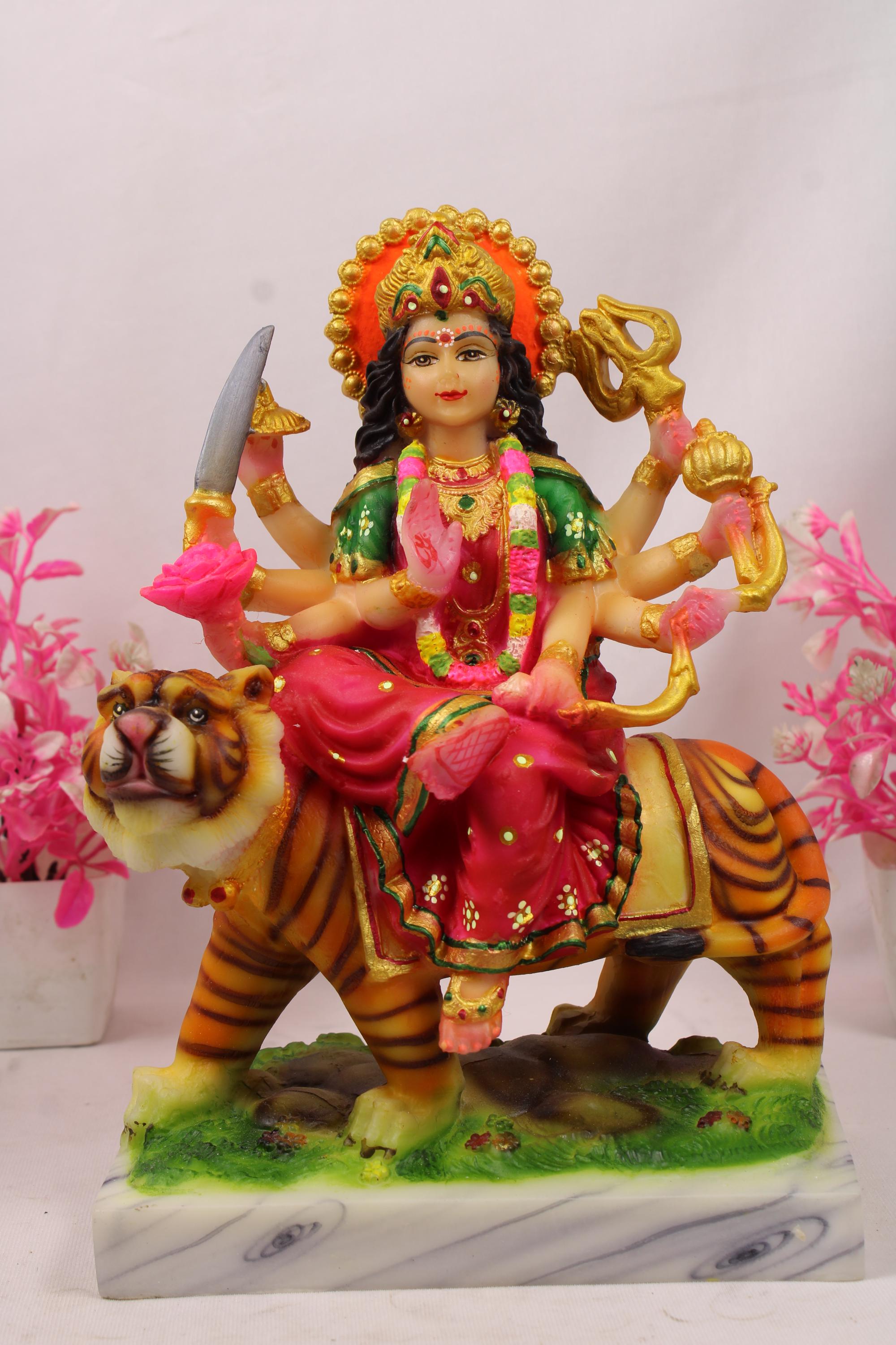 Handcrafted | Big Colorful Durga Mata Statue Idol |Seated on Lion | Goddess Durga Murti for Home Temple Pooja Decoration and Gifting
