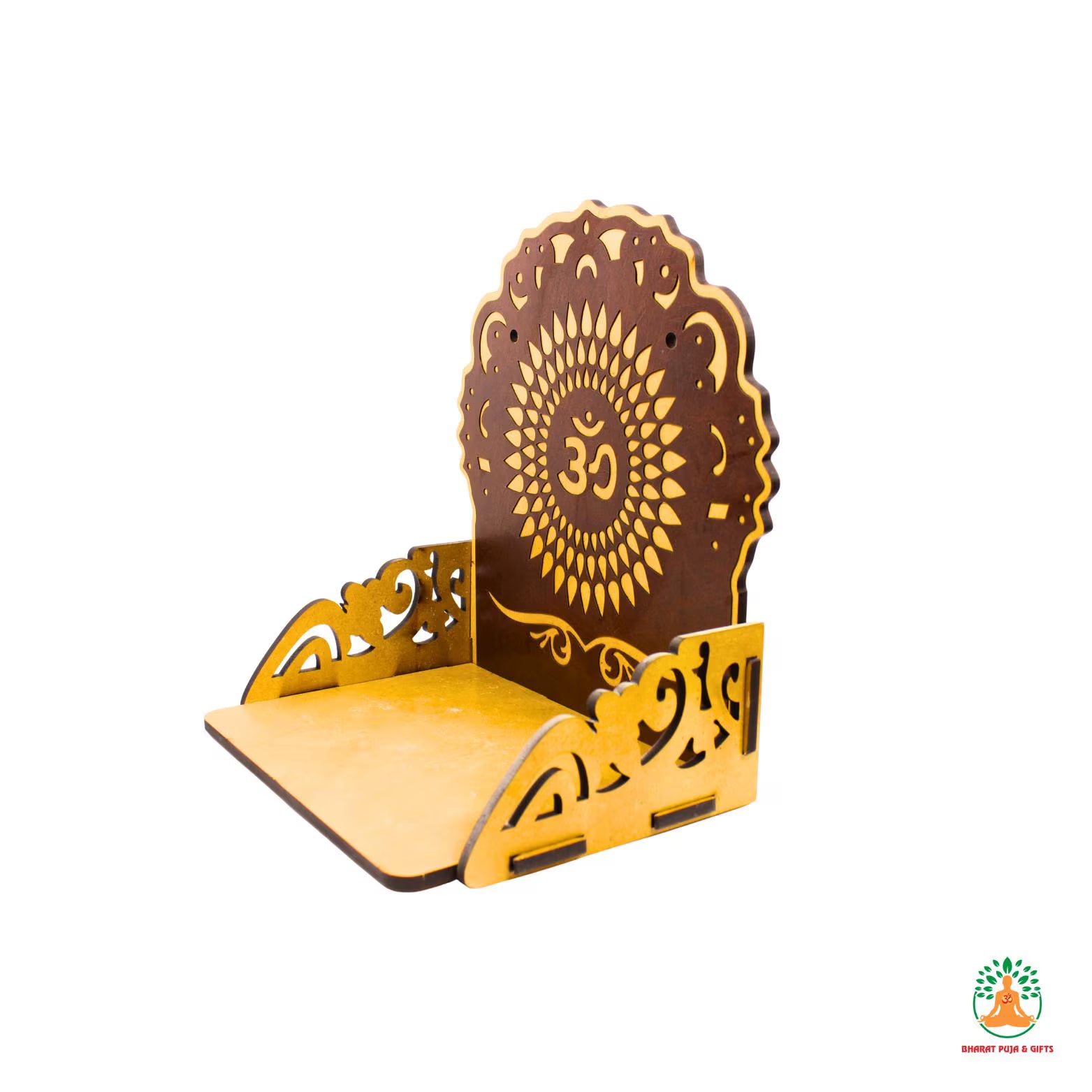 Wall Mounted Wooden Temple Shelf with Om Symbol
