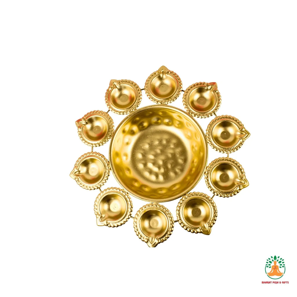 Brass Flower Shape Decorative Bowl with 10 Small Attached Diyas – Festive Urli Bowl | Centerpiece for Diwali Navratri