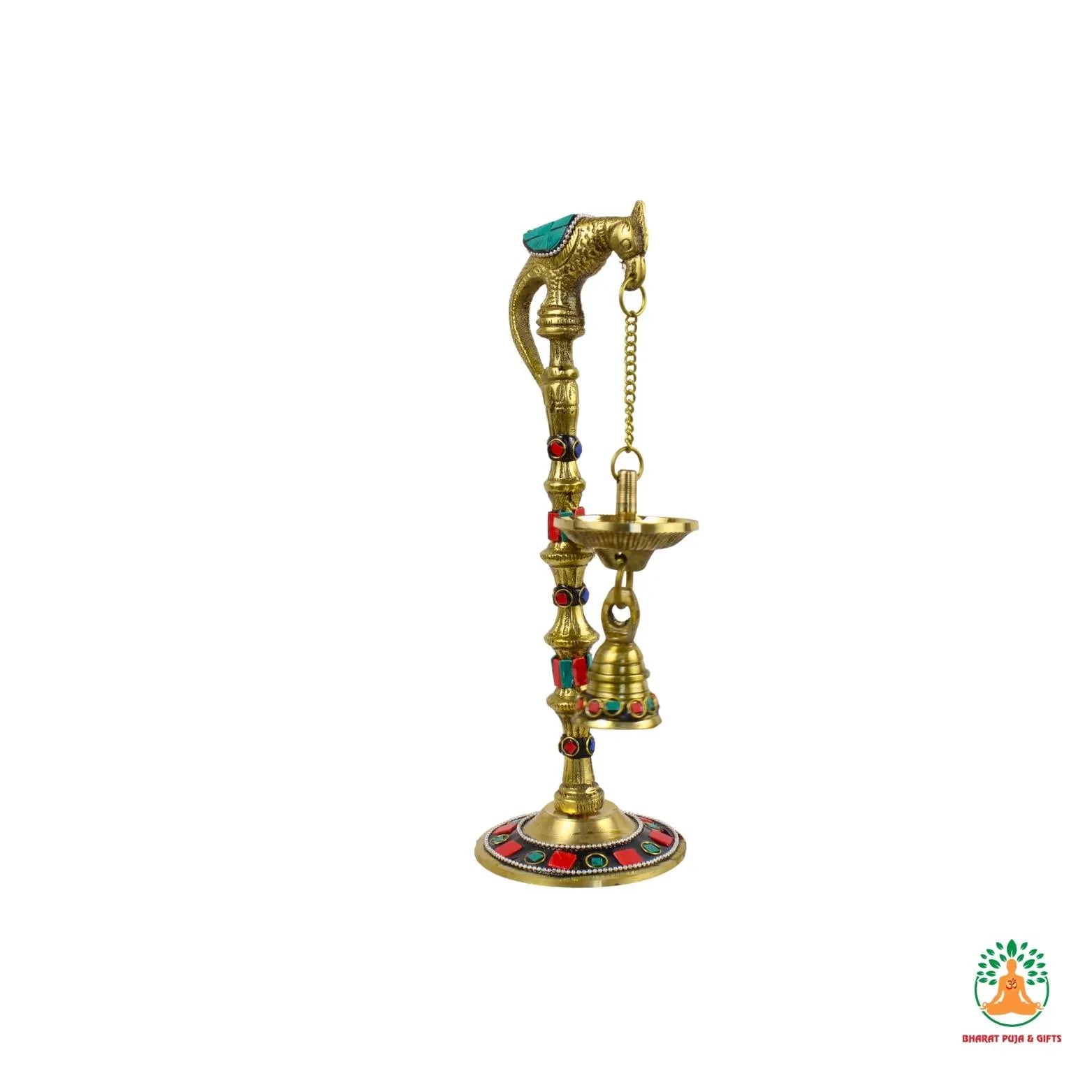 Fancy Brass Diya 9 inch | Brass Parrot Hanging Diya with Colorful Decorative Work | Festive Samai Style Oil Lamp | Spiritual Home Decor
