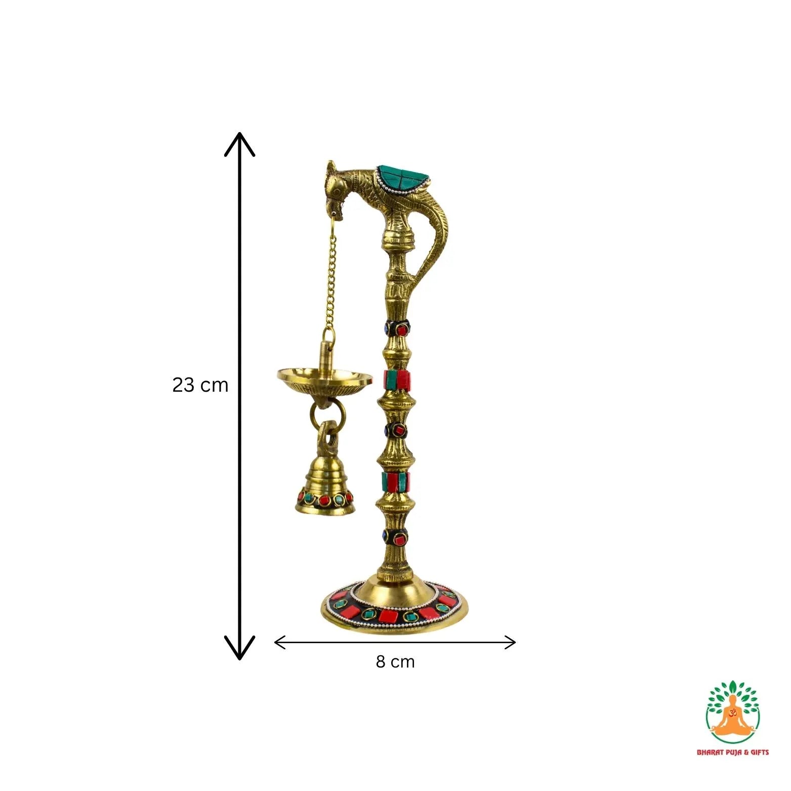 Fancy Brass Diya 9 inch | Brass Parrot Hanging Diya with Colorful Decorative Work | Festive Samai Style Oil Lamp | Spiritual Home Decor