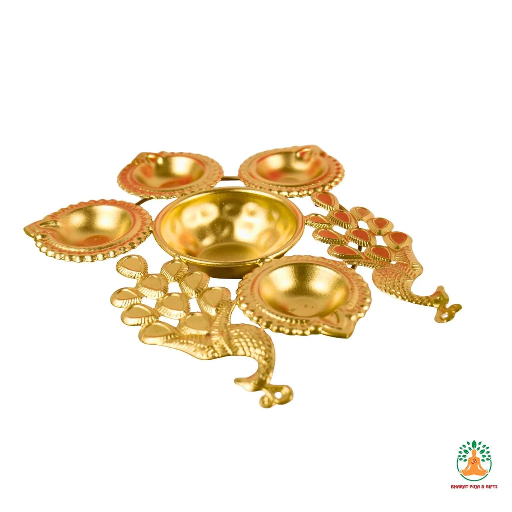 Brass Peacock Feather Diya | Urli – Festive Decorative Oil Lamp Bowl | Traditional Urli Bowl | Navratri Diya | Diwali Diya