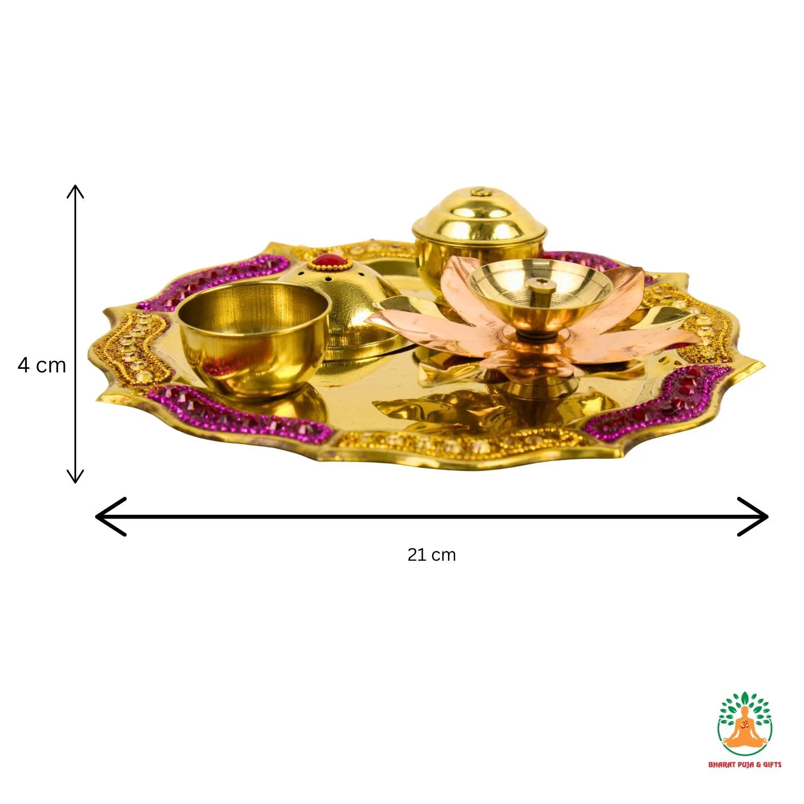 Golden-Pink Brass Puja Thali | Traditional Festive Puja Plate for Diwali, Navratri, Housewarming & Gifting | Brass Aarti Plate