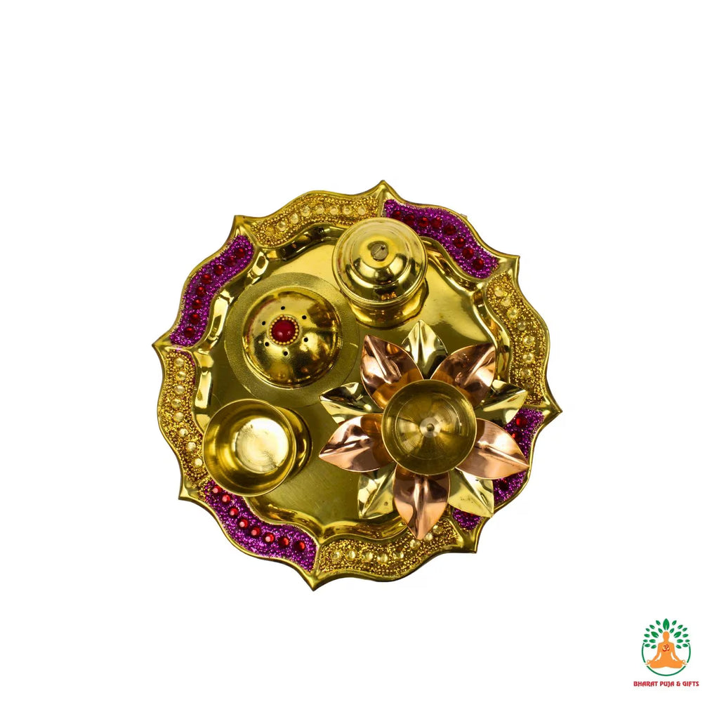 Golden-Pink Brass Puja Thali | Traditional Festive Puja Plate for Diwali, Navratri, Housewarming & Gifting | Brass Aarti Plate