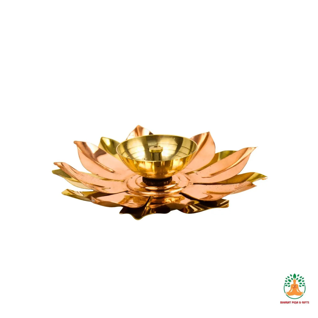 One Set Copper Diya with Petal Base | Elegant Traditional Oil Lamp for Pooja, Aarti & Home Decor | Ideal Gift for Diwali, Housewarming