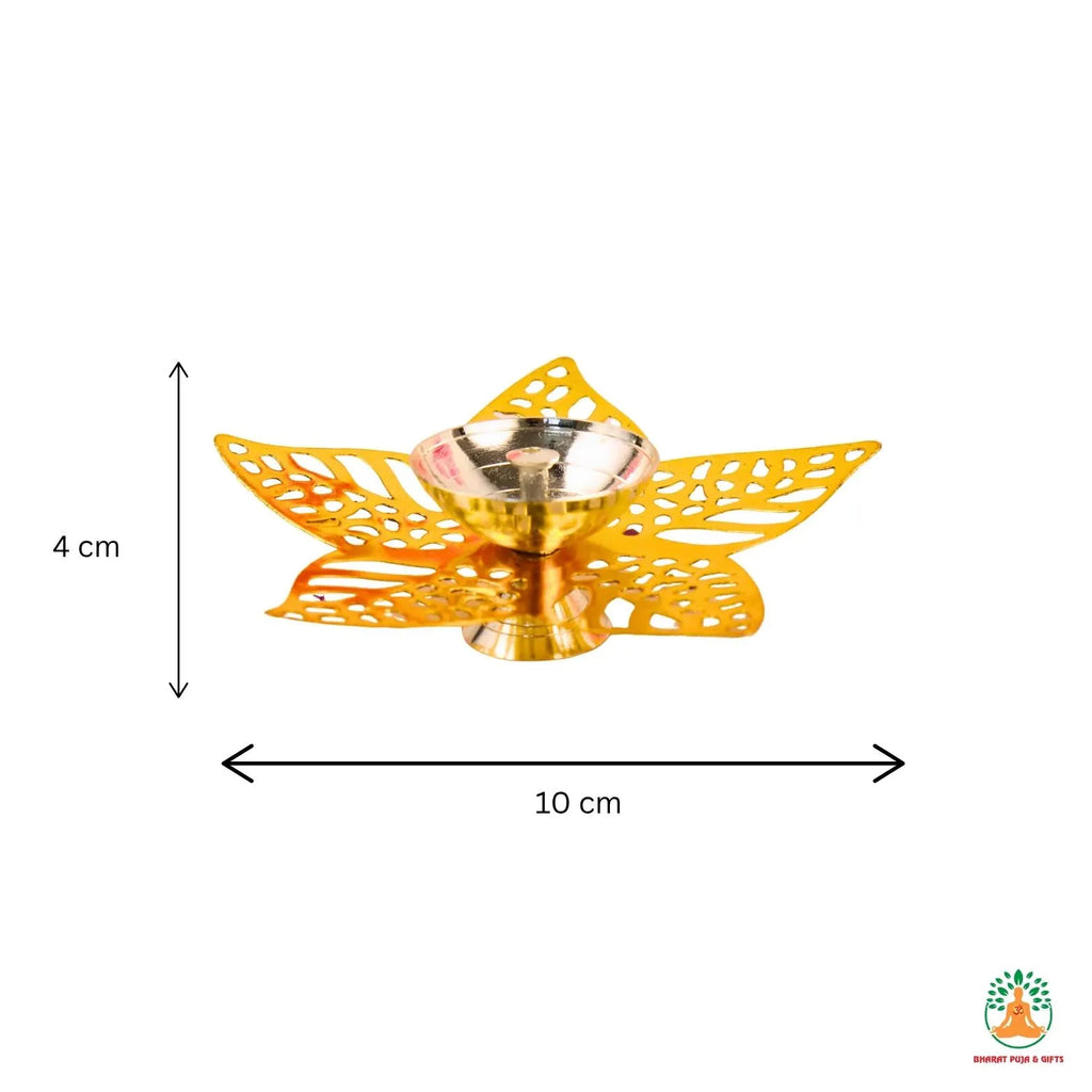 Gold & Silver Finish Brass Diya with 5-Petal Floral Carved Design | Elegant Puja Diya | Brass Diwali Diya | Indian Wedding Favor